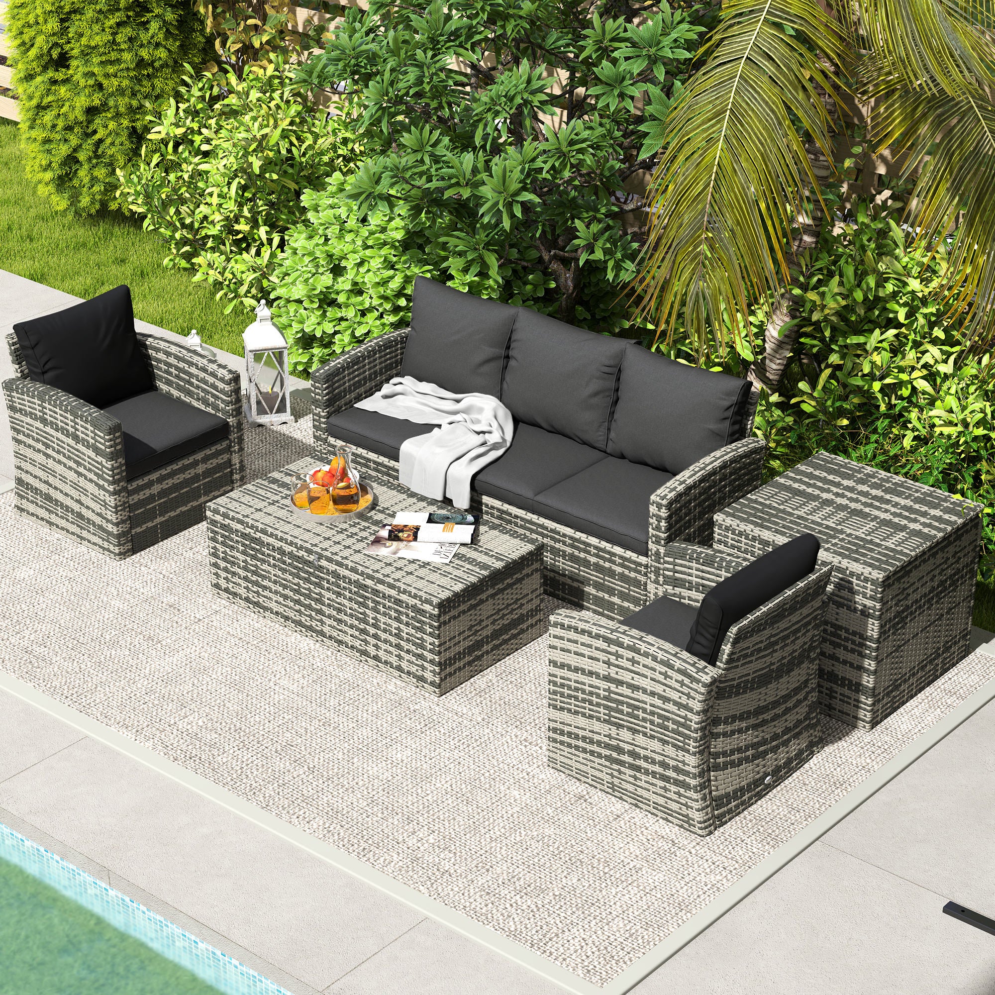 7-Seater Wicker Patio Sofa Set with Storage Coffee Table and Cushions, Black - Image 11