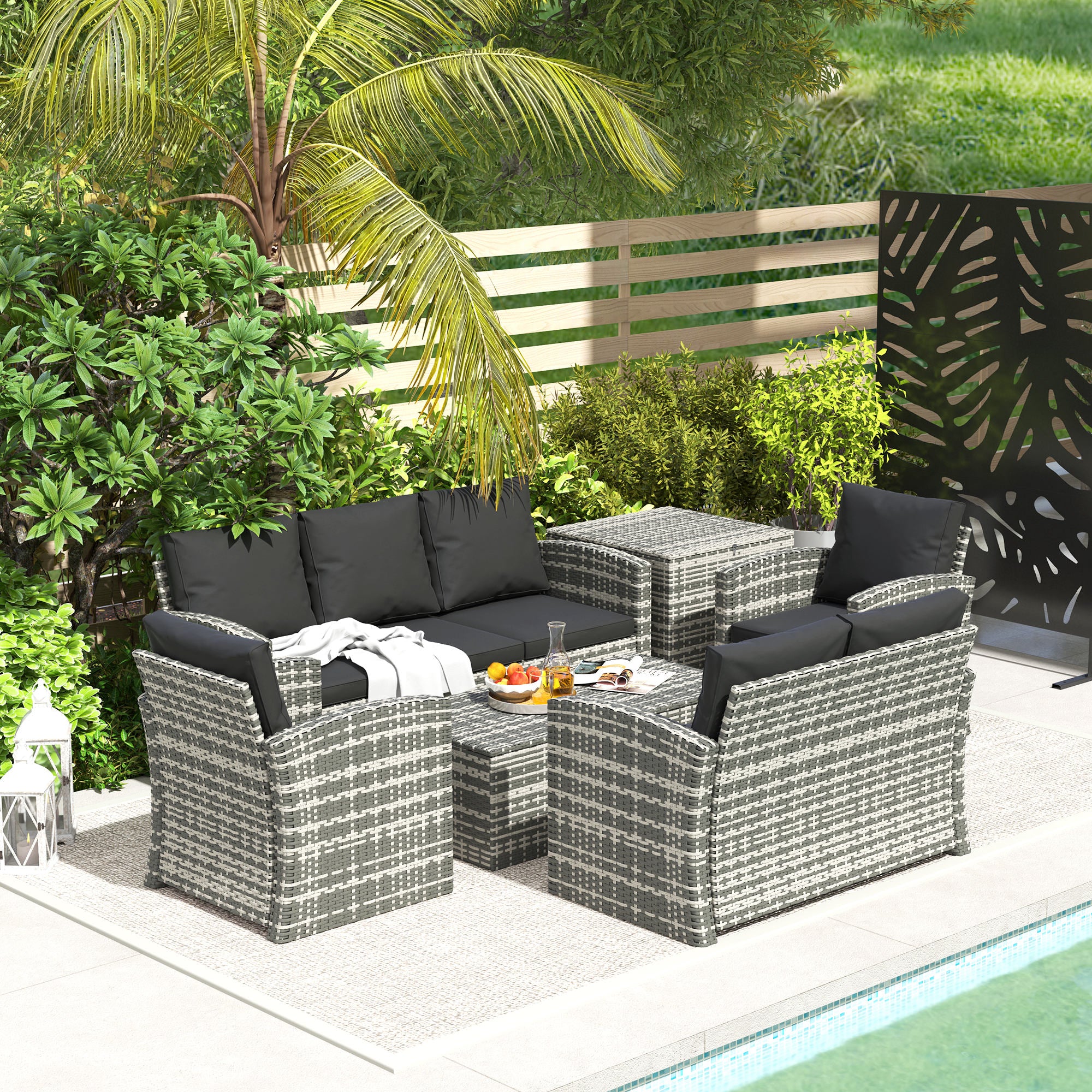 7-Seater Wicker Patio Sofa Set with Storage Coffee Table and Cushions, Black - Image 3