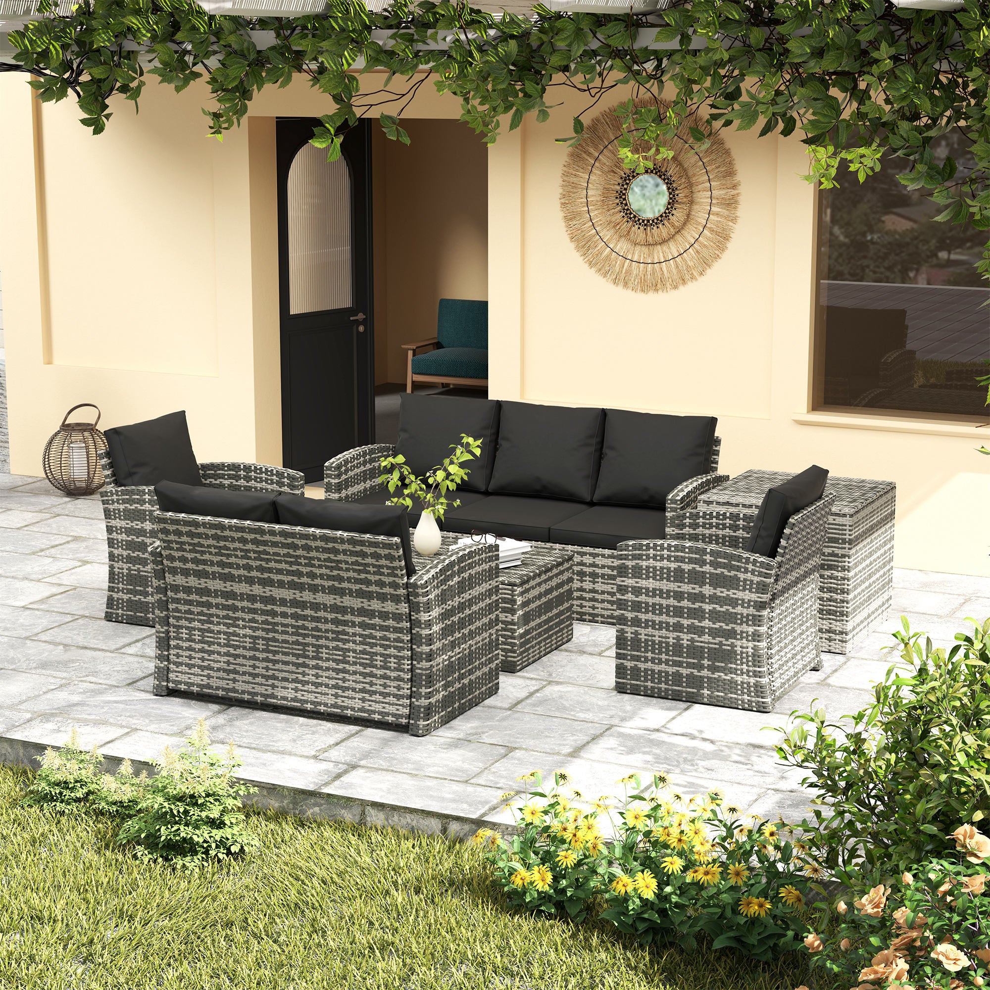 7-Seater Wicker Patio Sofa Set with Storage Coffee Table and Cushions, Black - Image 4