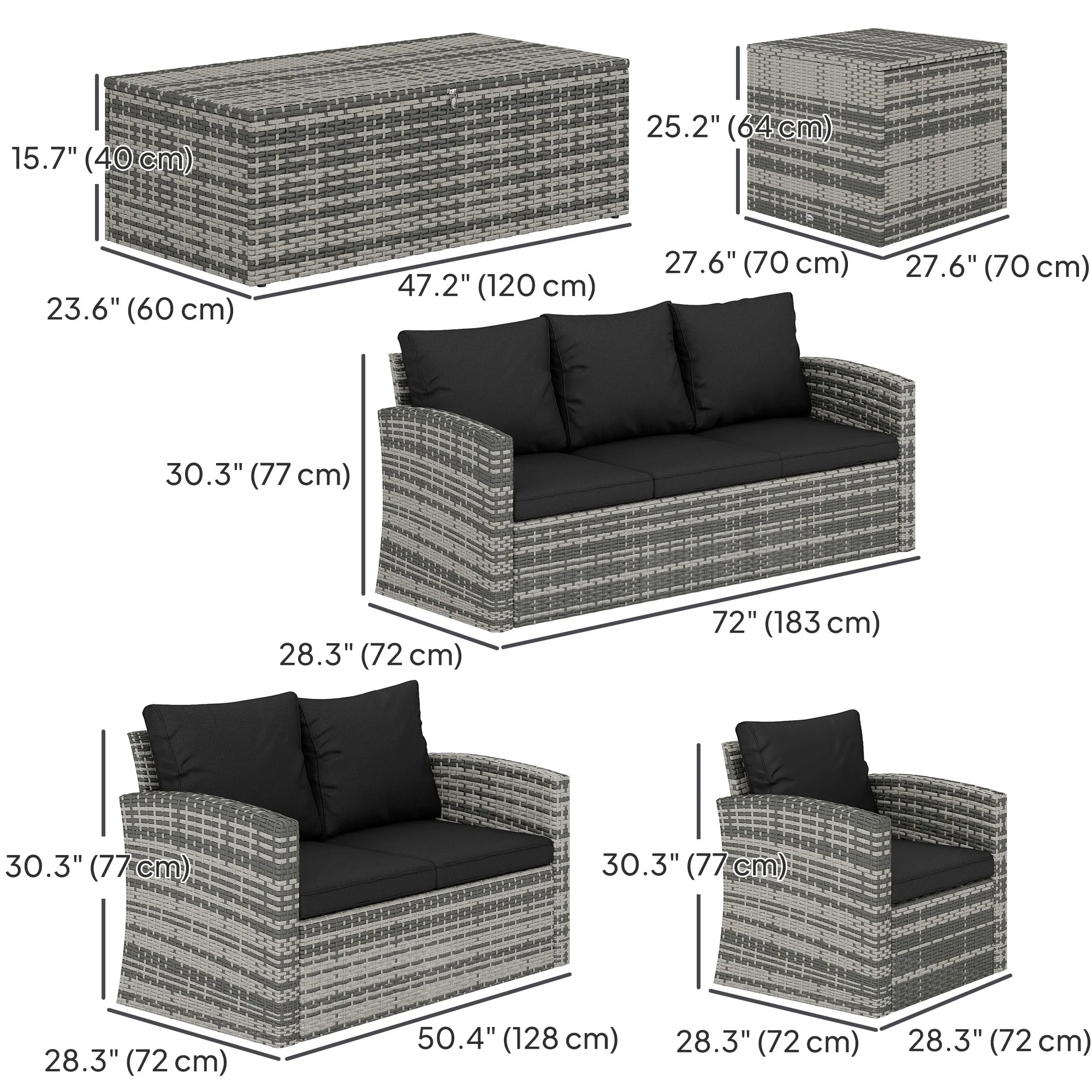 7-Seater Wicker Patio Sofa Set with Storage Coffee Table and Cushions, Black - Image 5