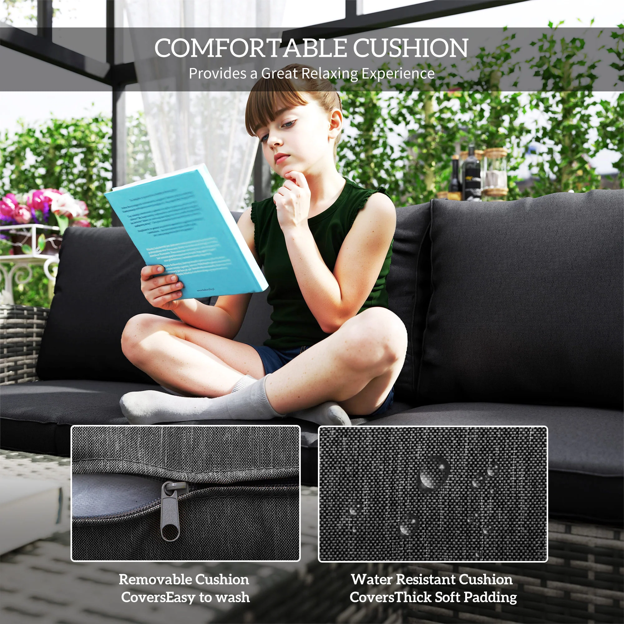 7-Seater Wicker Patio Sofa Set with Storage Coffee Table and Cushions, Black - Image 7