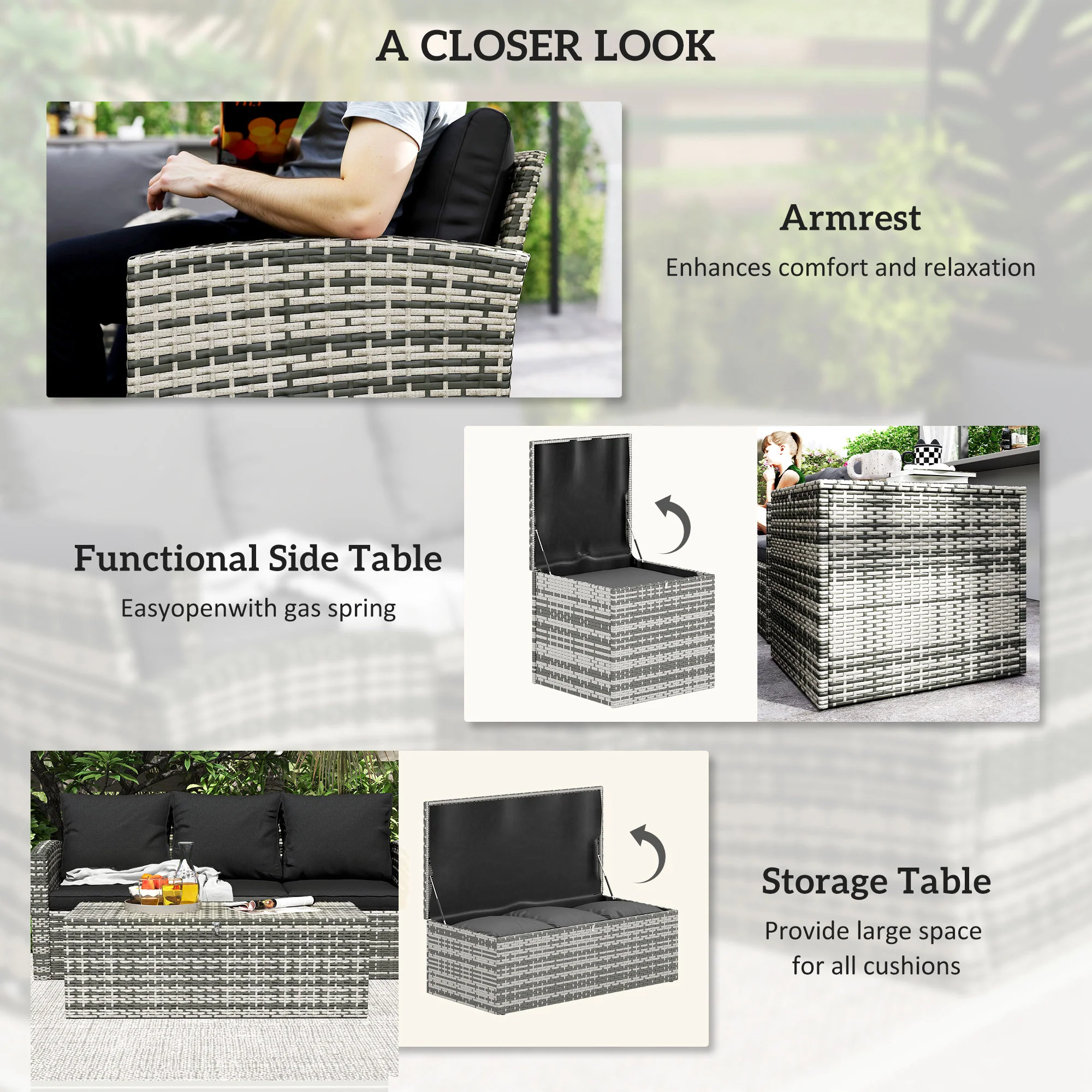 7-Seater Wicker Patio Sofa Set with Storage Coffee Table and Cushions, Black - Image 8