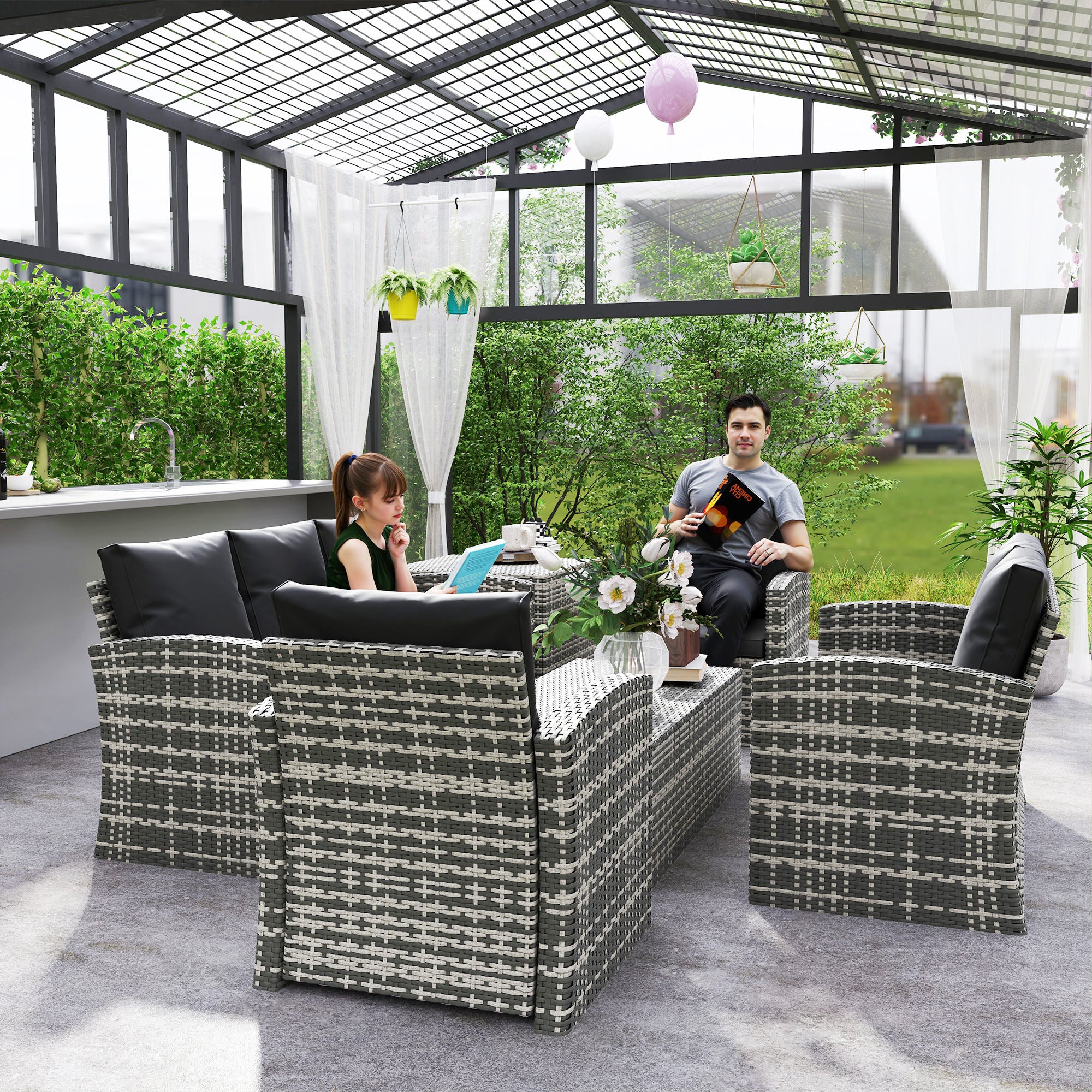 7-Seater Wicker Patio Sofa Set with Storage Coffee Table and Cushions, Black - Image 9