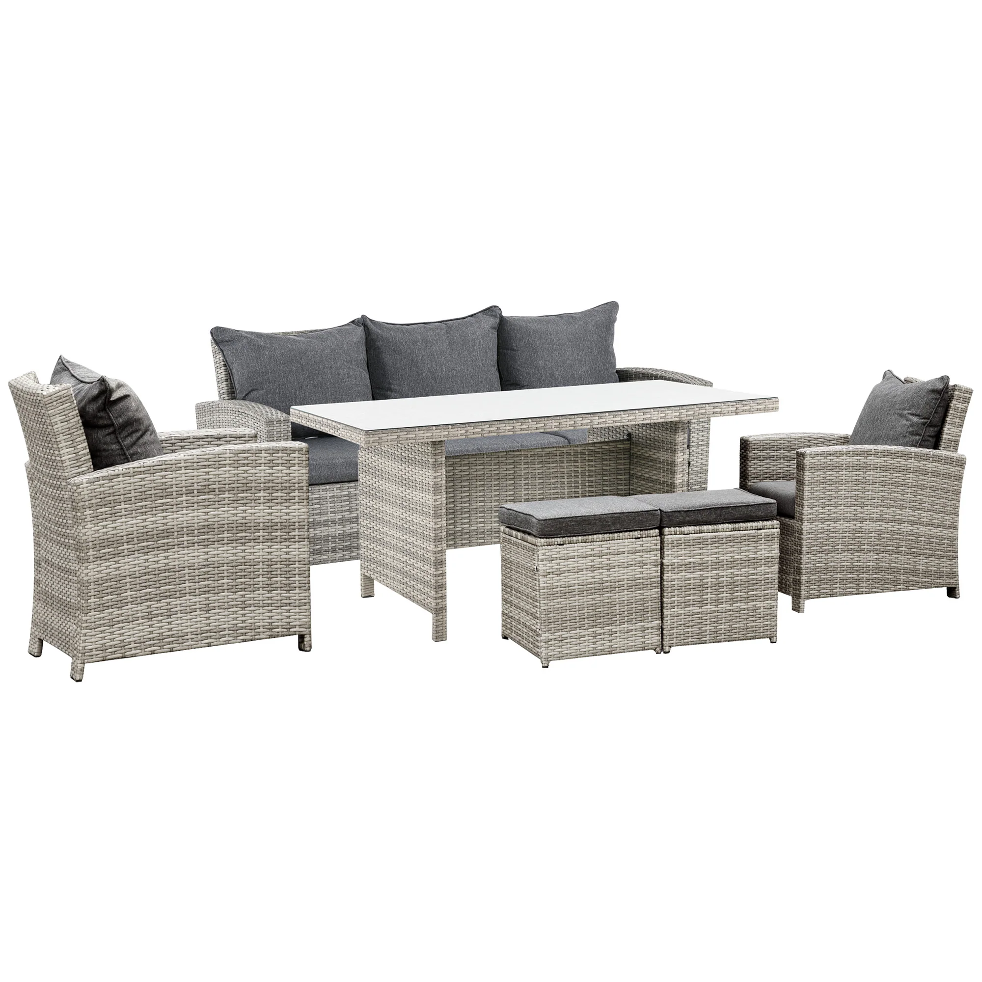 6-Piece Rattan Patio Set with 3-Seater Sofa, Footstools & Table, Light Grey