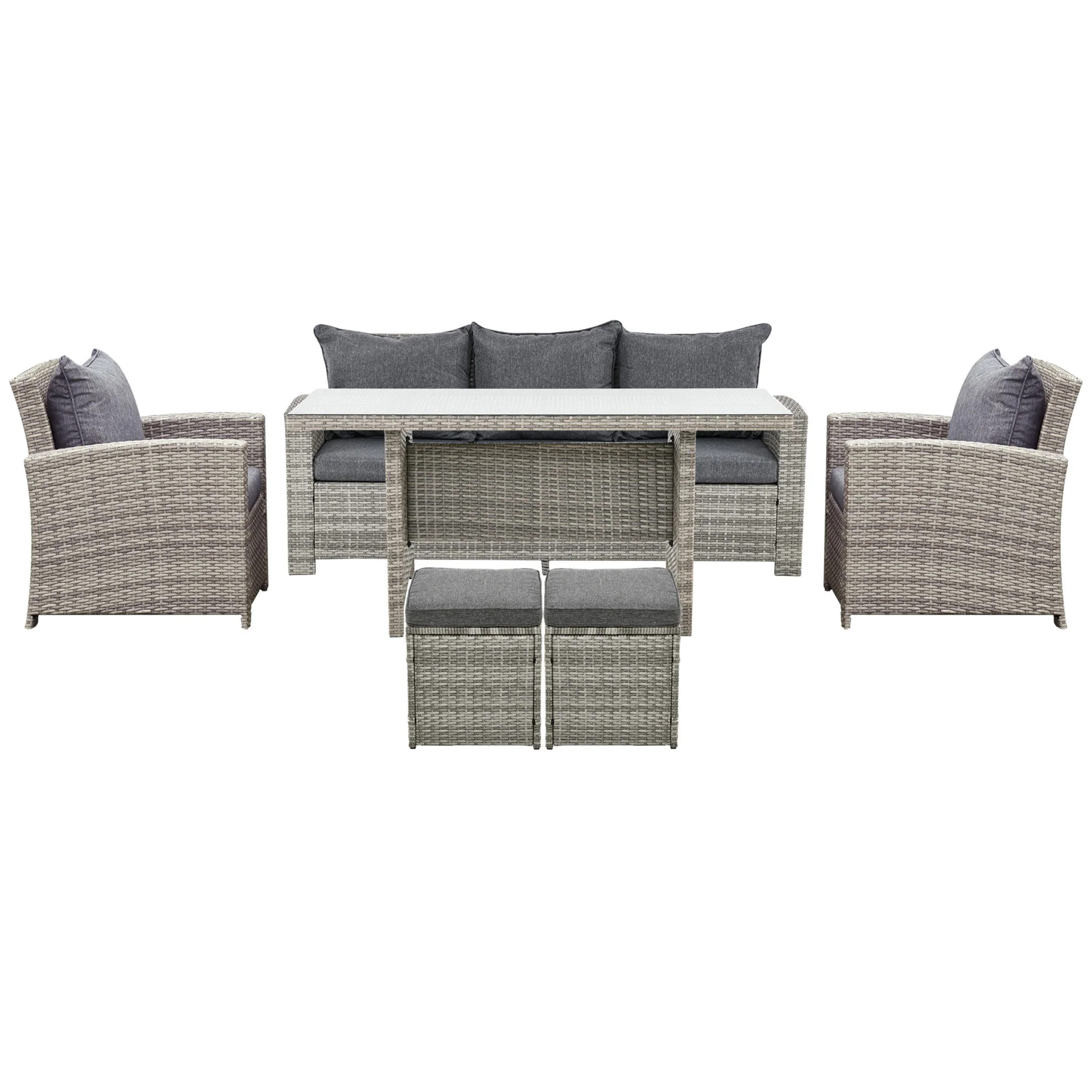 6-Piece Rattan Patio Set with 3-Seater Sofa, Footstools & Table, Light Grey - Image 2