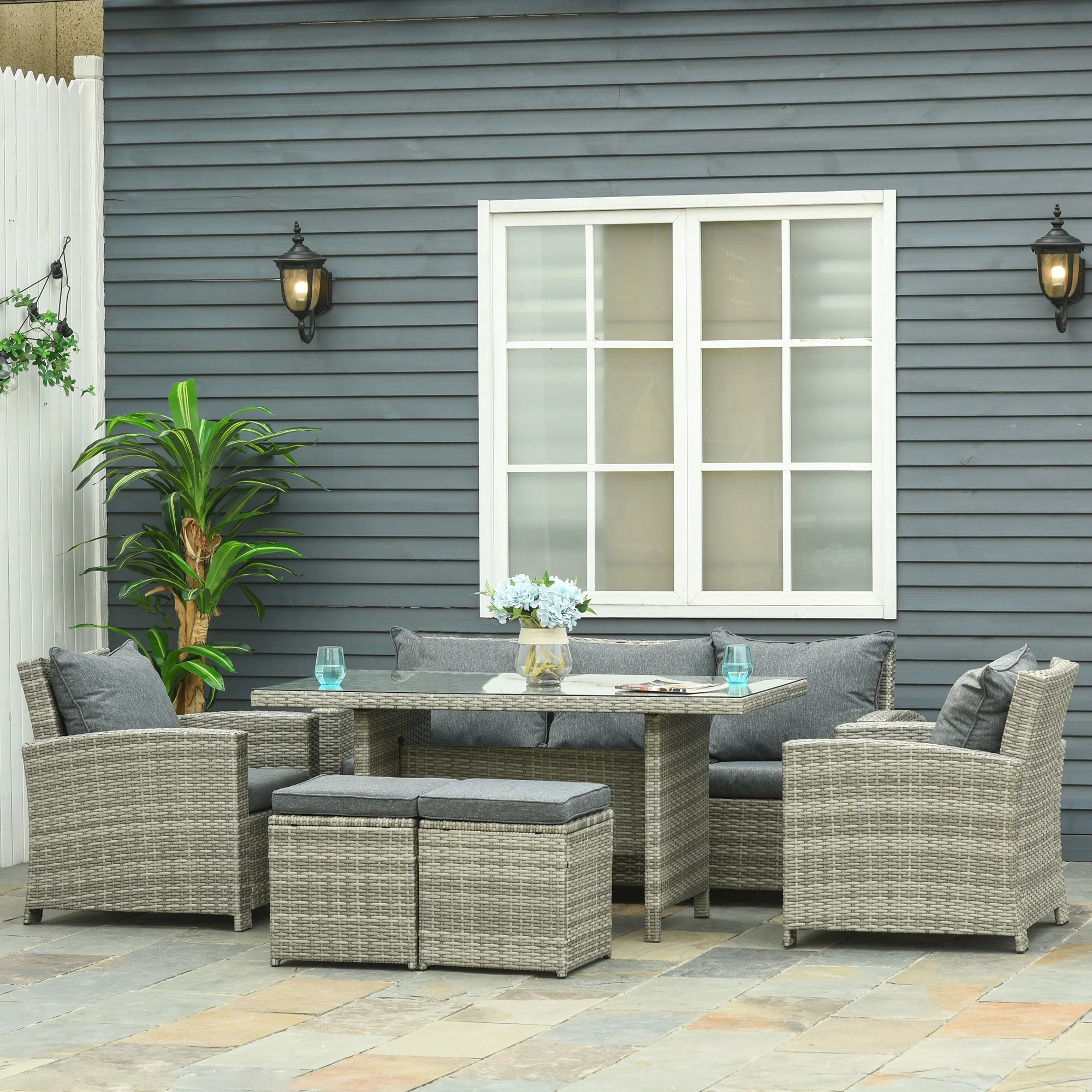 6-Piece Rattan Patio Set with 3-Seater Sofa, Footstools & Table, Light Grey - Image 3