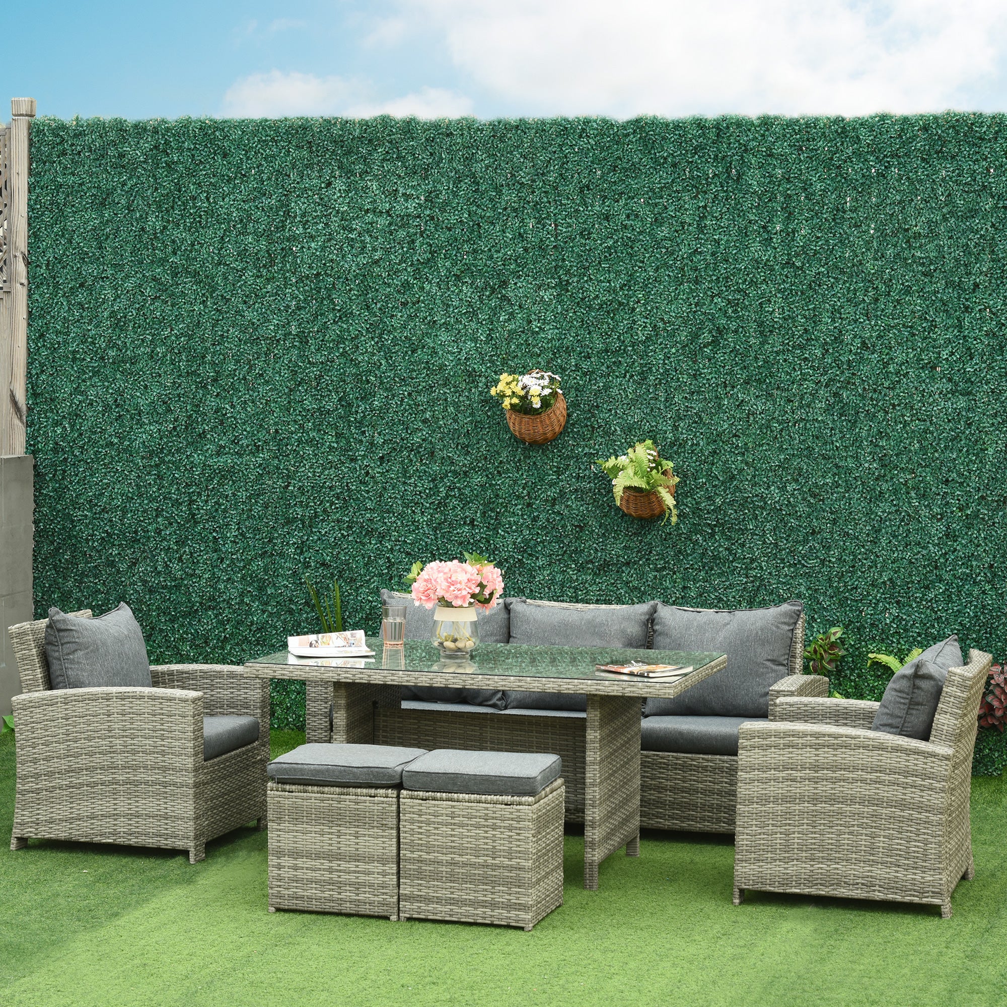 6-Piece Rattan Patio Set with 3-Seater Sofa, Footstools & Table, Light Grey - Image 4
