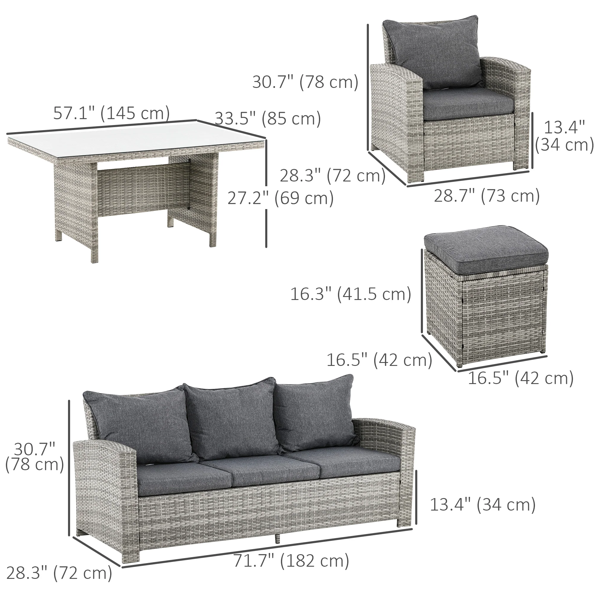 6-Piece Rattan Patio Set with 3-Seater Sofa, Footstools & Table, Light Grey - Image 5