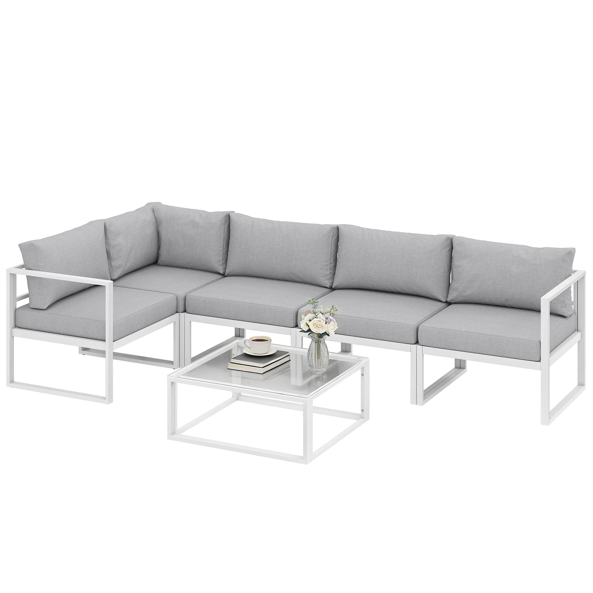 6 Seater Aluminium Garden Sofa Set with Coffee Table, Light Grey