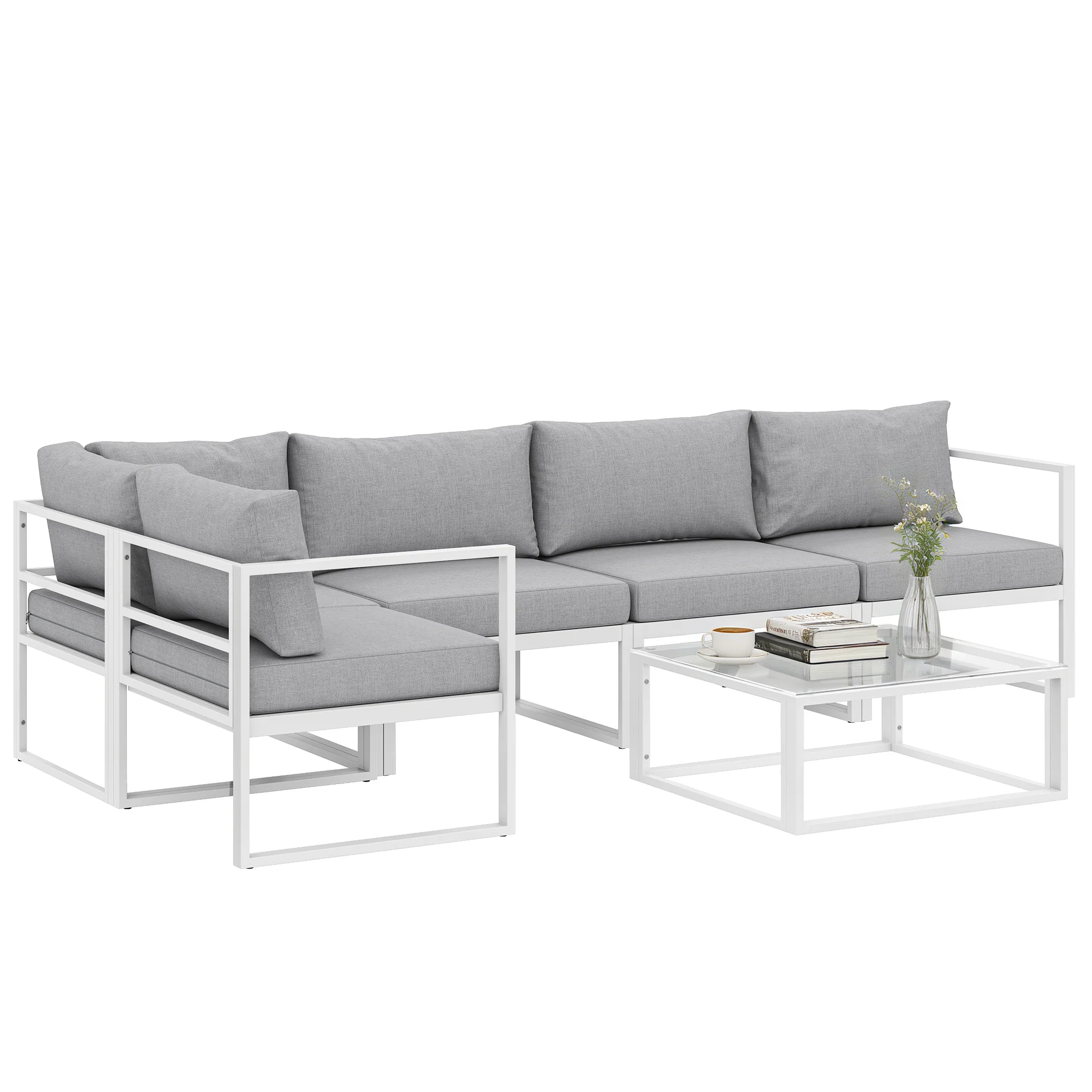 6 Seater Aluminium Garden Sofa Set with Coffee Table, Light Grey - Image 2