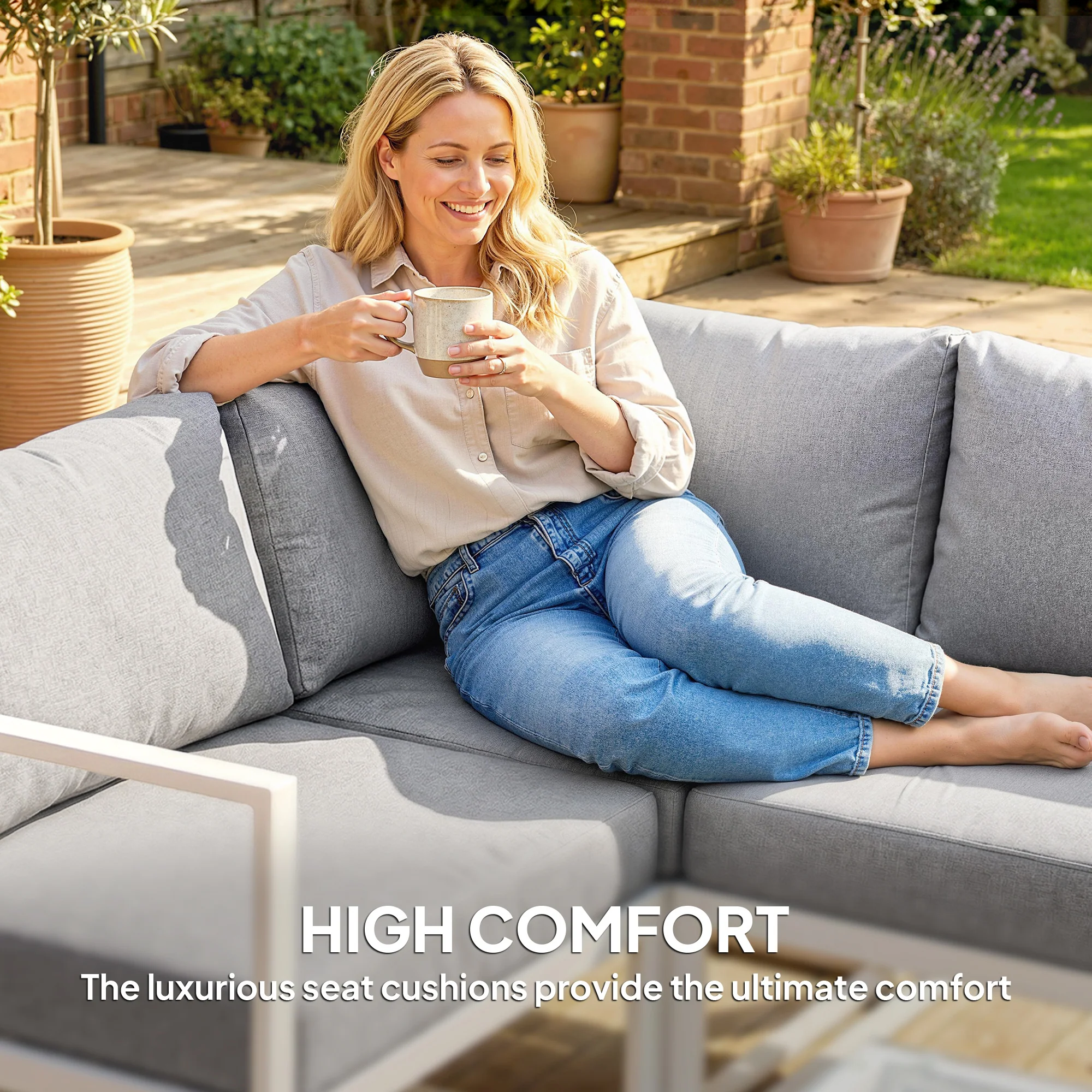 6 Seater Aluminium Garden Sofa Set with Coffee Table, Light Grey - Image 8