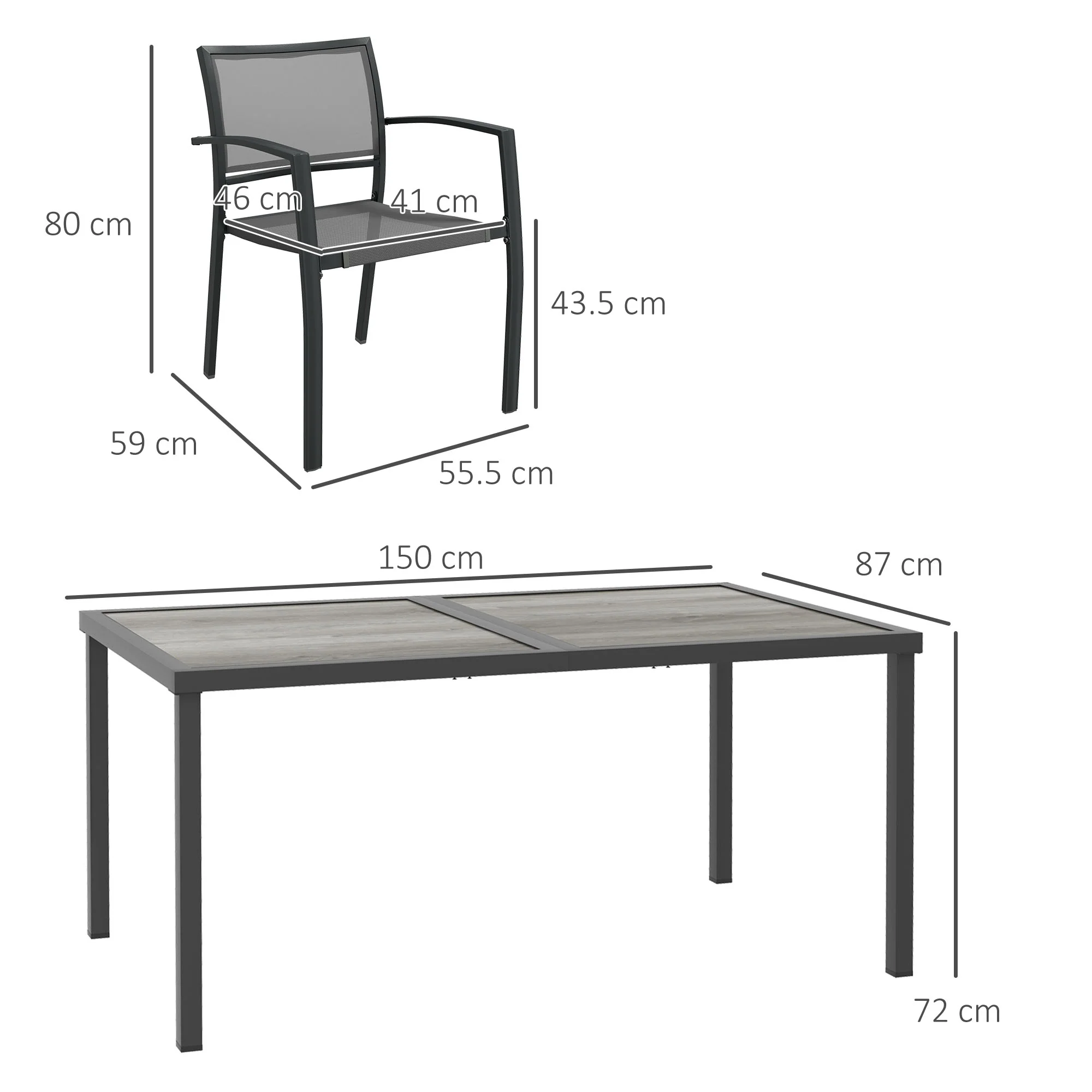 6 Seater Garden Dining Set, Stackable Armchairs and Wood-like Top Table, Space-Saving Outdoor Table and Chairs with Breathable Mesh Seat, Garden Furniture Set, Grey - Image 5