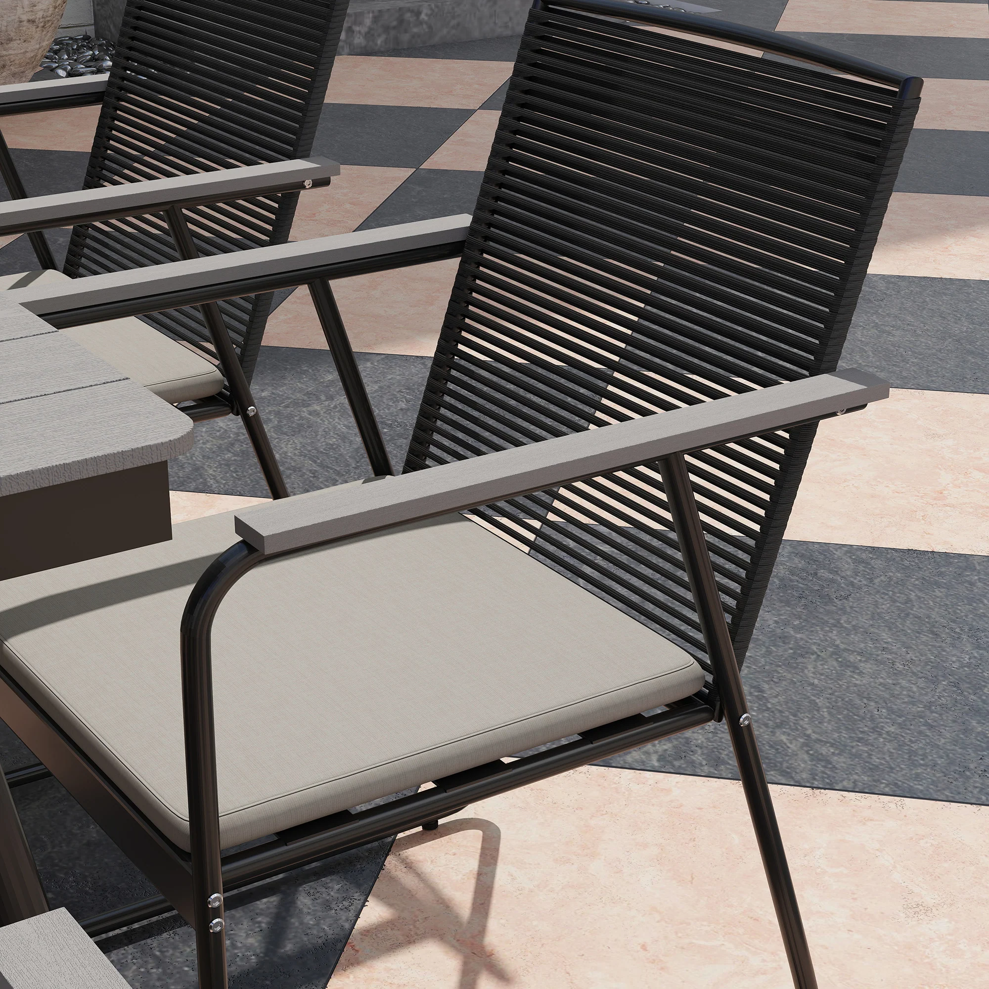 6 Seater Garden Dining Set with Soft Cushions, Rattan Backrest, Rectangular Plastic Top, Garden Furniture Set, Outdoor Dining Table and Chairs for Patio, Balcony, Poolside, Grey - Image 11