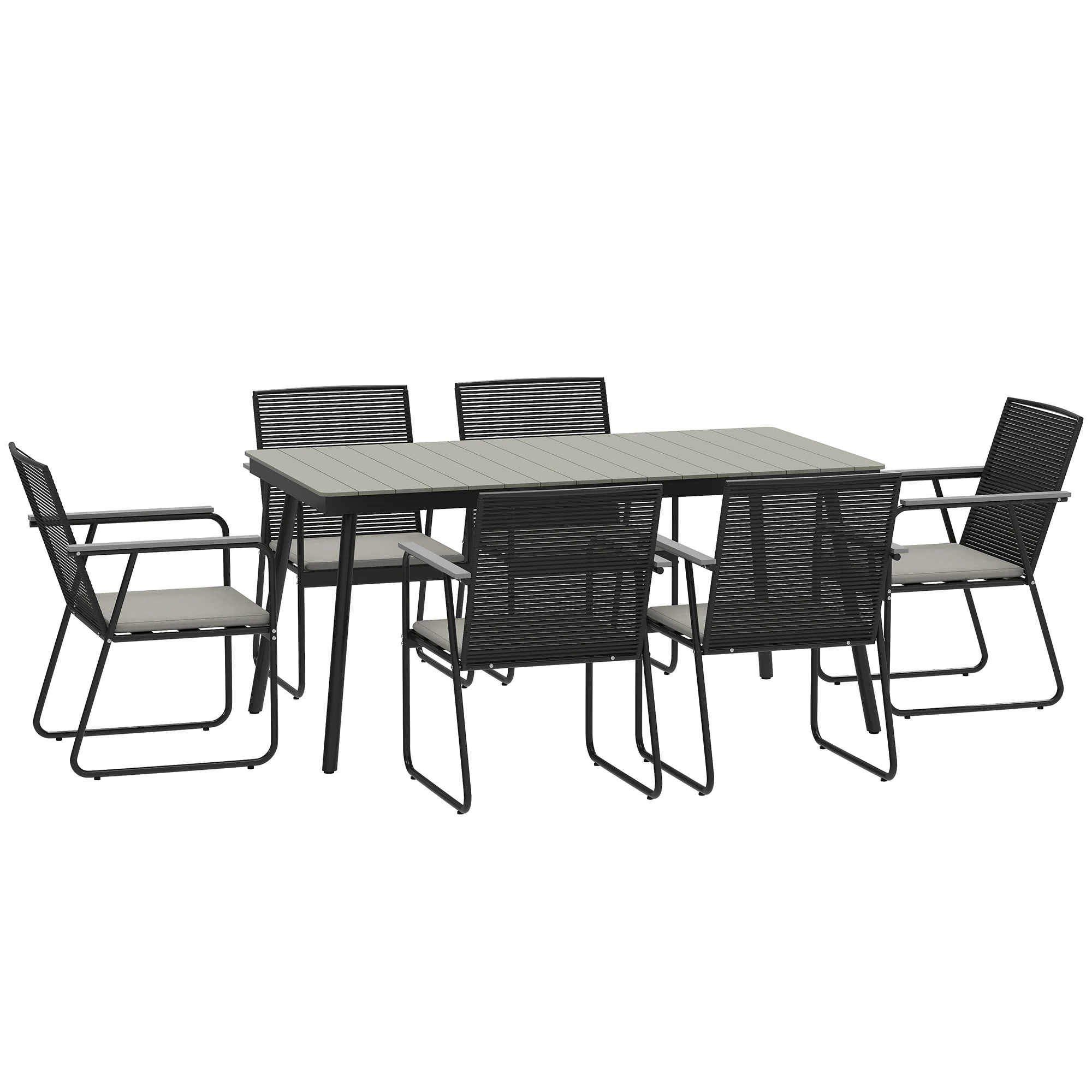 6 Seater Garden Dining Set with Soft Cushions, Rattan Backrest, Rectangular Plastic Top, Garden Furniture Set, Outdoor Dining Table and Chairs for Patio, Balcony, Poolside, Grey - Image 12