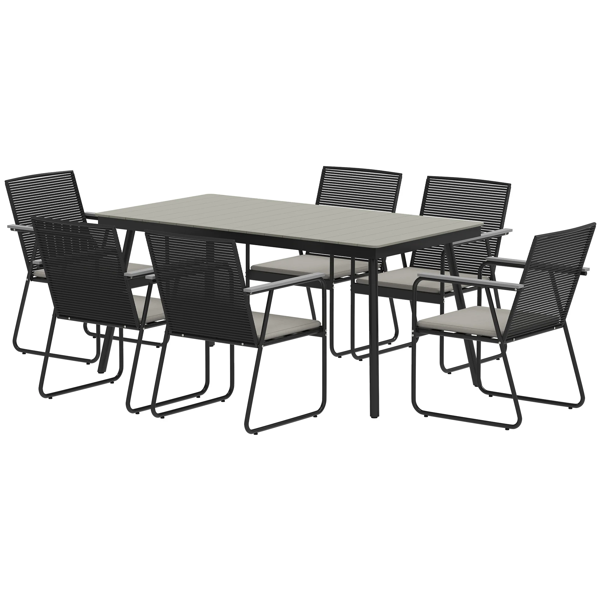 6 Seater Garden Dining Set with Soft Cushions, Rattan Backrest, Rectangular Plastic Top, Garden Furniture Set, Outdoor Dining Table and Chairs for Patio, Balcony, Poolside, Grey - Image 2