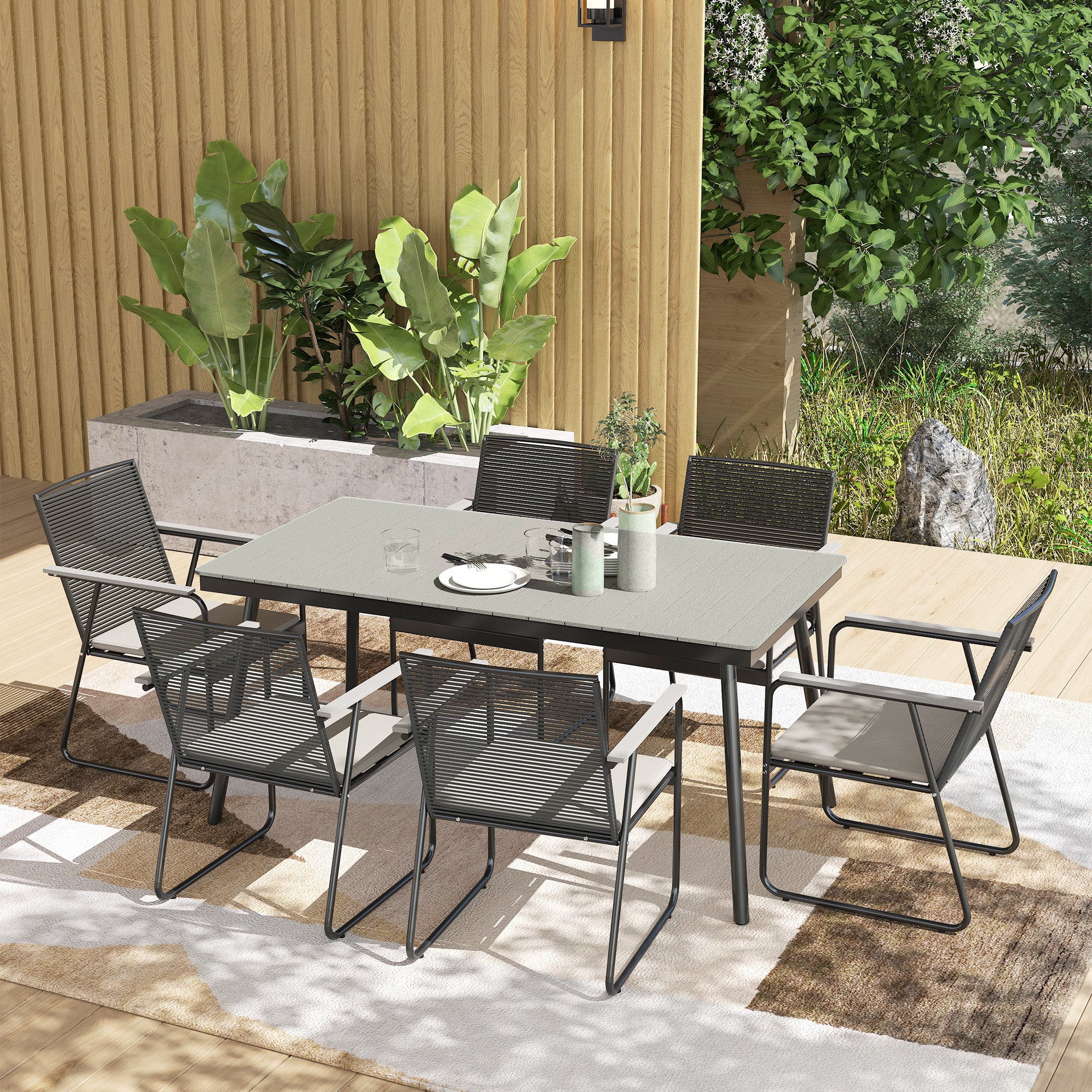 6 Seater Garden Dining Set with Soft Cushions, Rattan Backrest, Rectangular Plastic Top, Garden Furniture Set, Outdoor Dining Table and Chairs for Patio, Balcony, Poolside, Grey - Image 3