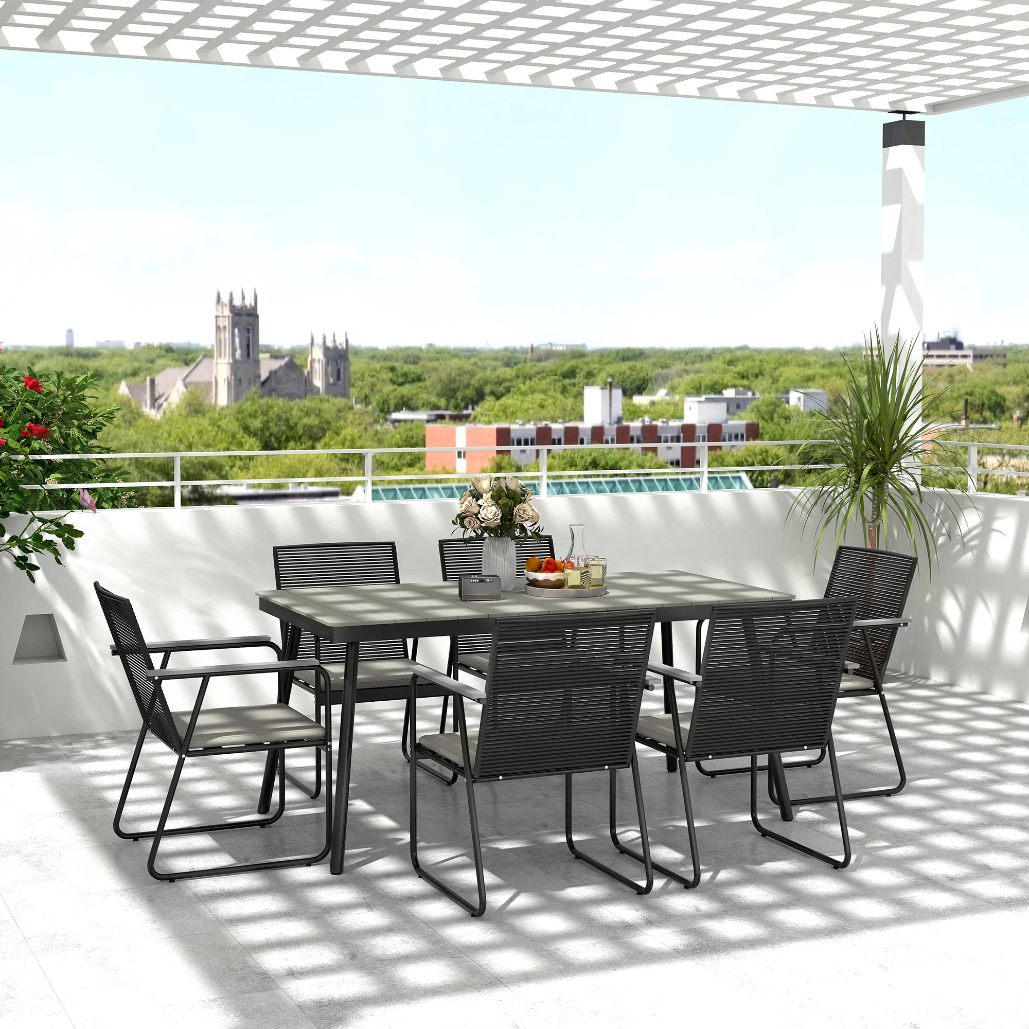 6 Seater Garden Dining Set with Soft Cushions, Rattan Backrest, Rectangular Plastic Top, Garden Furniture Set, Outdoor Dining Table and Chairs for Patio, Balcony, Poolside, Grey - Image 4