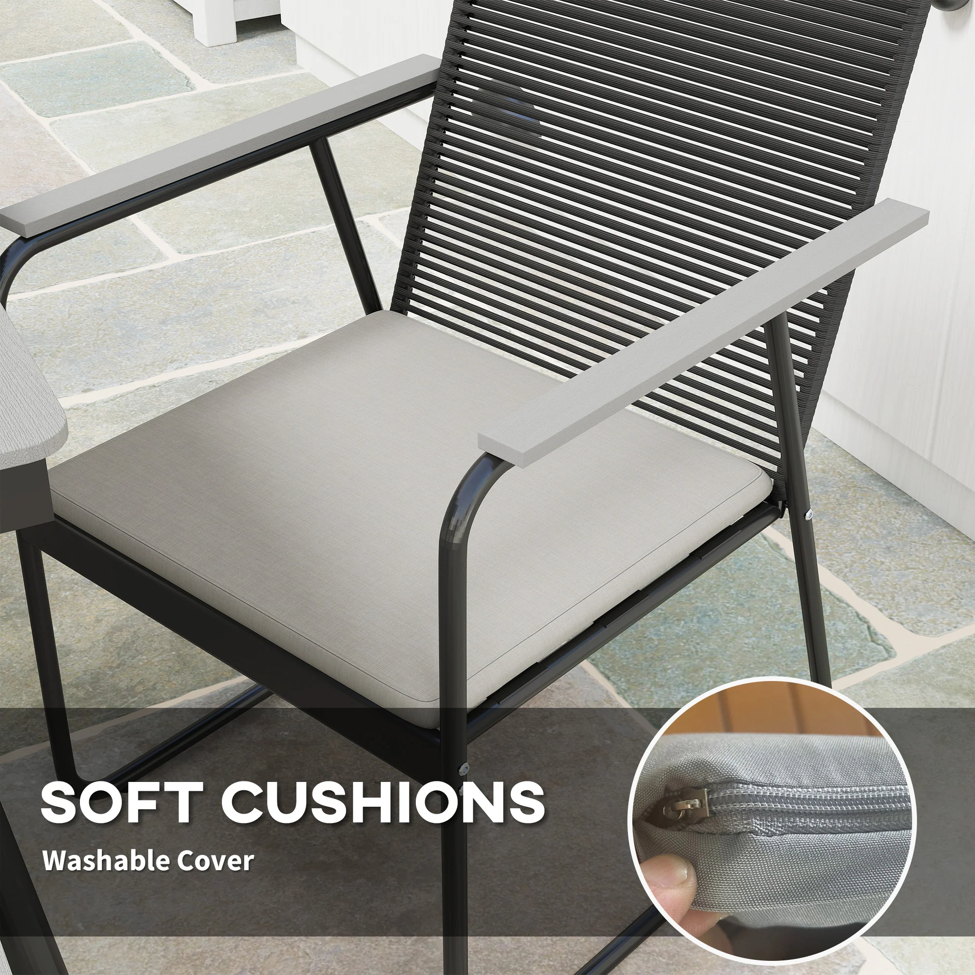 6 Seater Garden Dining Set with Soft Cushions, Rattan Backrest, Rectangular Plastic Top, Garden Furniture Set, Outdoor Dining Table and Chairs for Patio, Balcony, Poolside, Grey - Image 6