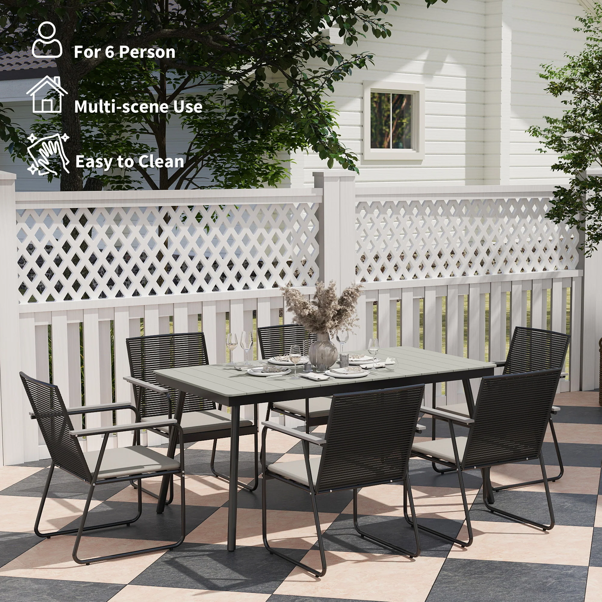 6 Seater Garden Dining Set with Soft Cushions, Rattan Backrest, Rectangular Plastic Top, Garden Furniture Set, Outdoor Dining Table and Chairs for Patio, Balcony, Poolside, Grey - Image 8