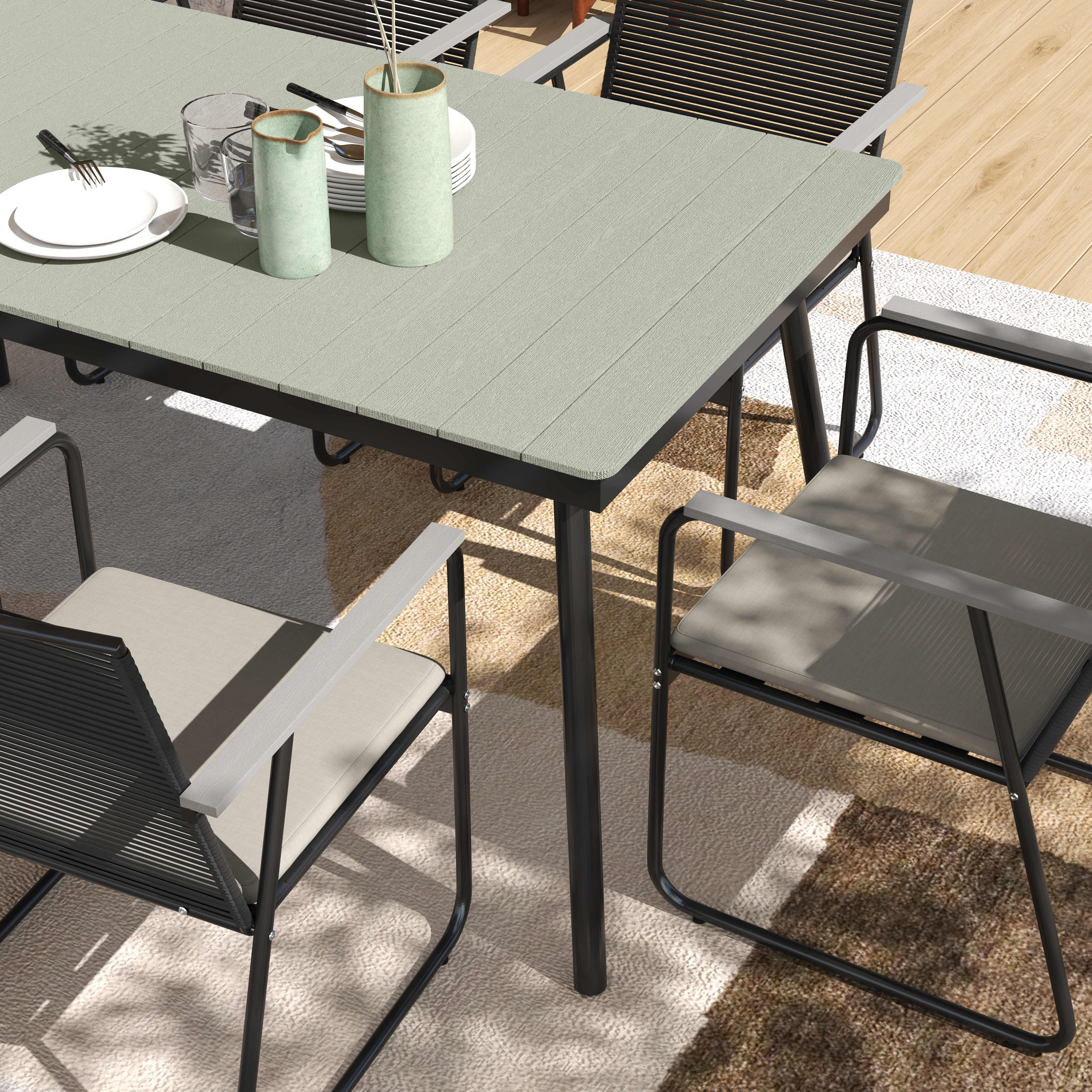 6 Seater Garden Dining Set with Soft Cushions, Rattan Backrest, Rectangular Plastic Top, Garden Furniture Set, Outdoor Dining Table and Chairs for Patio, Balcony, Poolside, Grey - Image 9