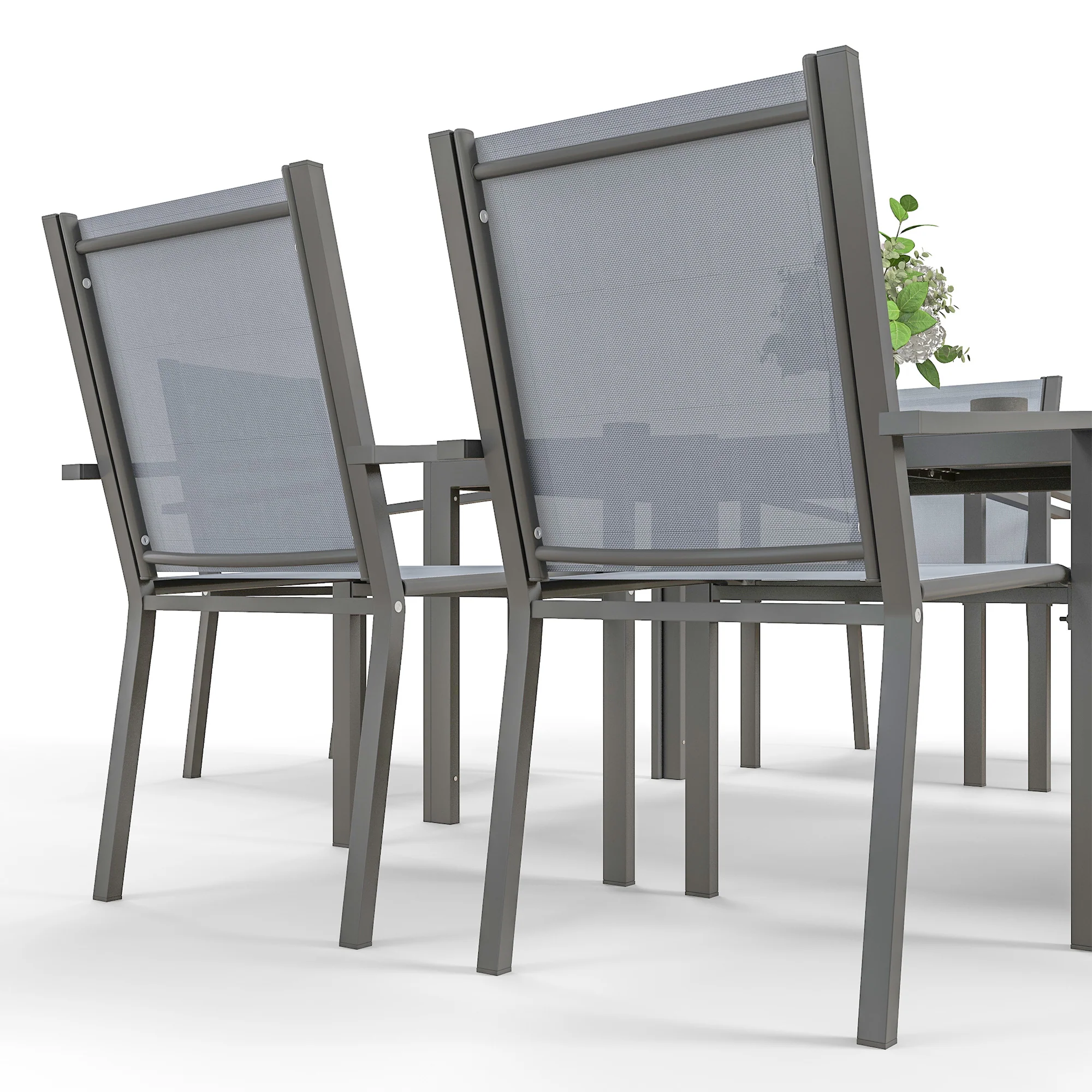 6 Seater Garden Dining Set with Stackable Armchairs, WPC Top Dining Table, Outdoor Table and Chairs, Garden Furniture Set, Light Grey - Image 10