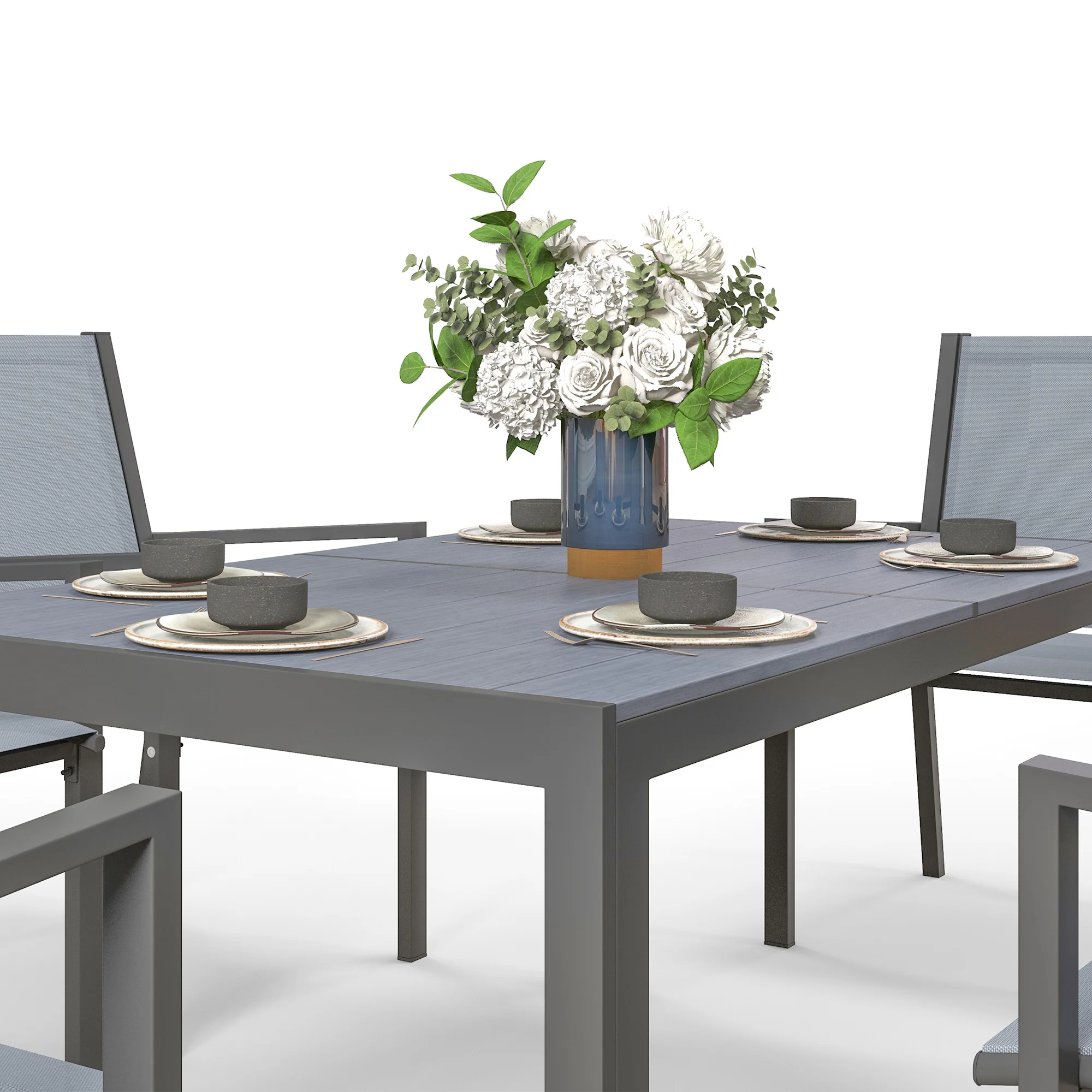 6 Seater Garden Dining Set with Stackable Armchairs, WPC Top Dining Table, Outdoor Table and Chairs, Garden Furniture Set, Light Grey - Image 11