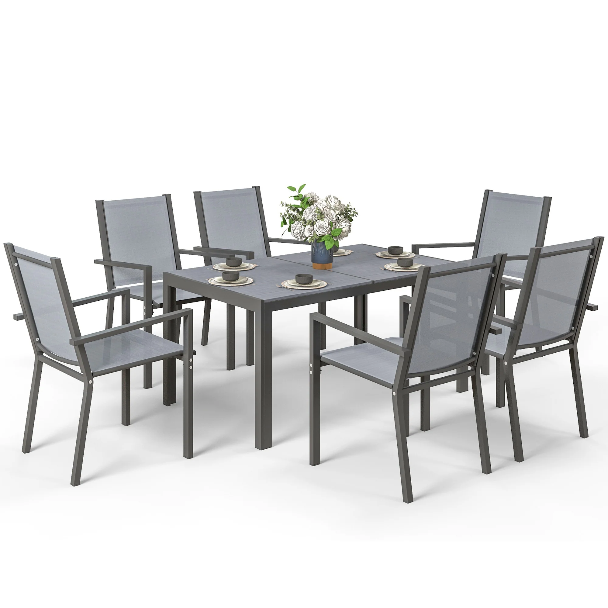 6 Seater Garden Dining Set with Stackable Armchairs, WPC Top Dining Table, Outdoor Table and Chairs, Garden Furniture Set, Light Grey - Image 2