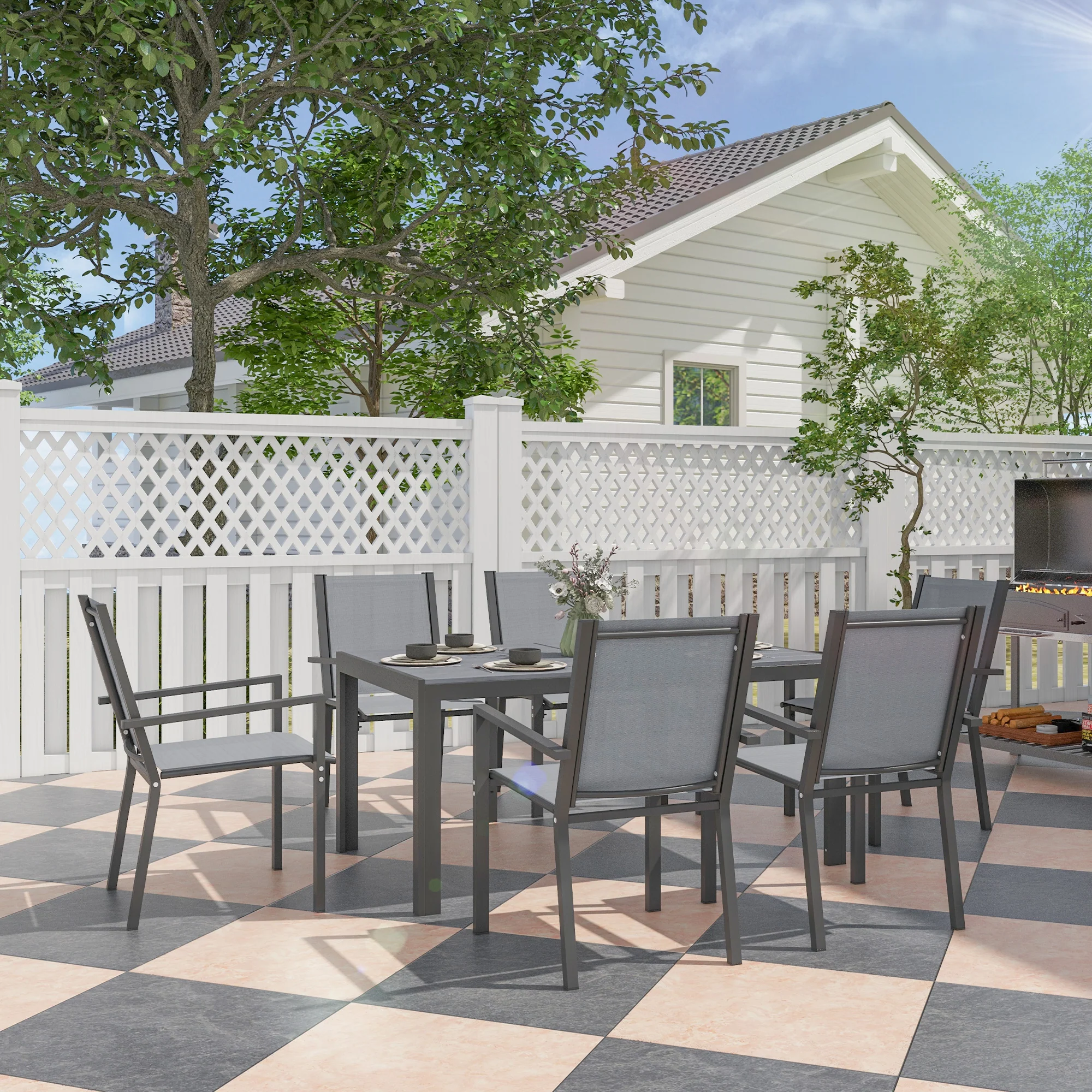 6 Seater Garden Dining Set with Stackable Armchairs, WPC Top Dining Table, Outdoor Table and Chairs, Garden Furniture Set, Light Grey - Image 3