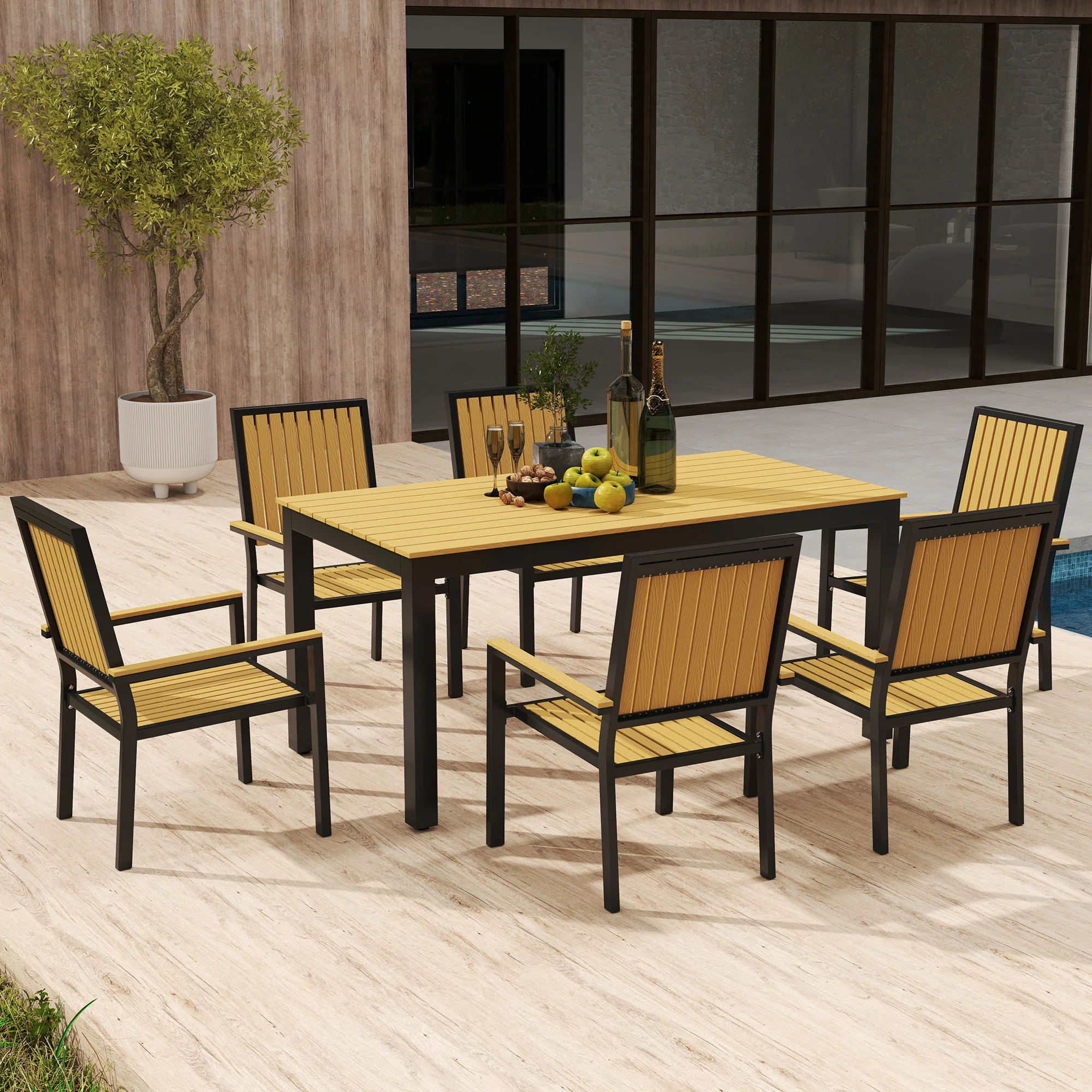 6 Seater Garden Dining Set with Stackable Chairs, Aluminium Frame, Rectangular Plastic Top, Garden Furniture Set, Outdoor Dining Table and Chairs for Patio, Balcony, Poolside, Nature Wood - Image 10