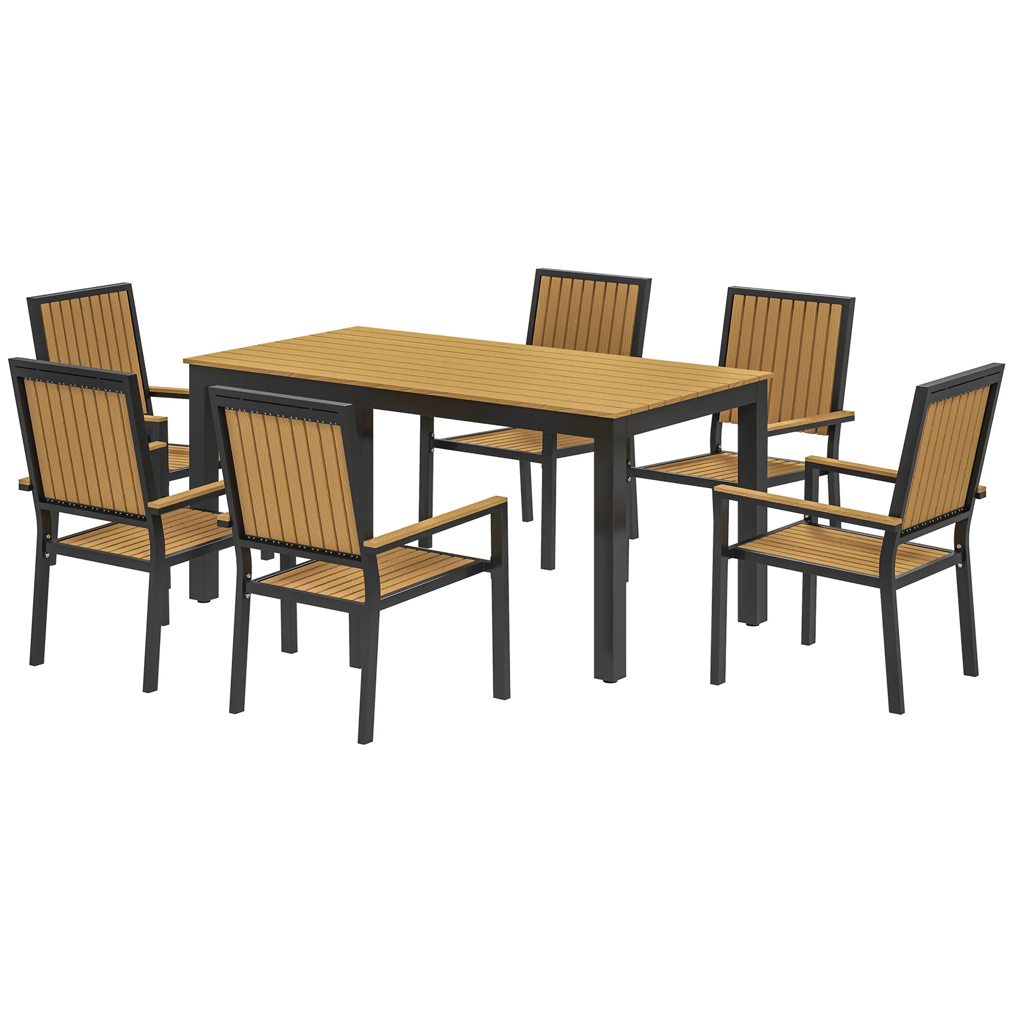 6 Seater Garden Dining Set with Stackable Chairs, Aluminium Frame, Rectangular Plastic Top, Garden Furniture Set, Outdoor Dining Table and Chairs for Patio, Balcony, Poolside, Nature Wood - Image 2