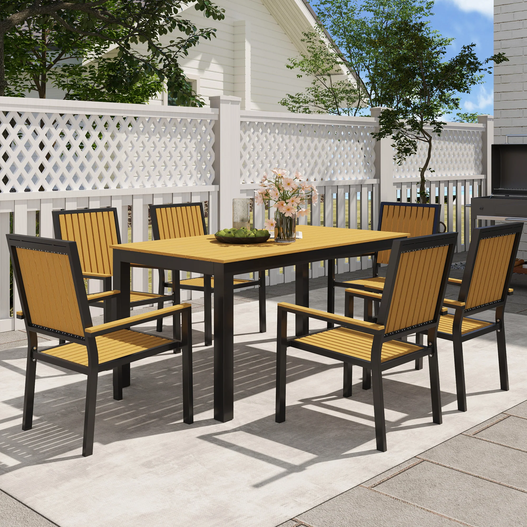 6 Seater Garden Dining Set with Stackable Chairs, Aluminium Frame, Rectangular Plastic Top, Garden Furniture Set, Outdoor Dining Table and Chairs for Patio, Balcony, Poolside, Nature Wood - Image 4