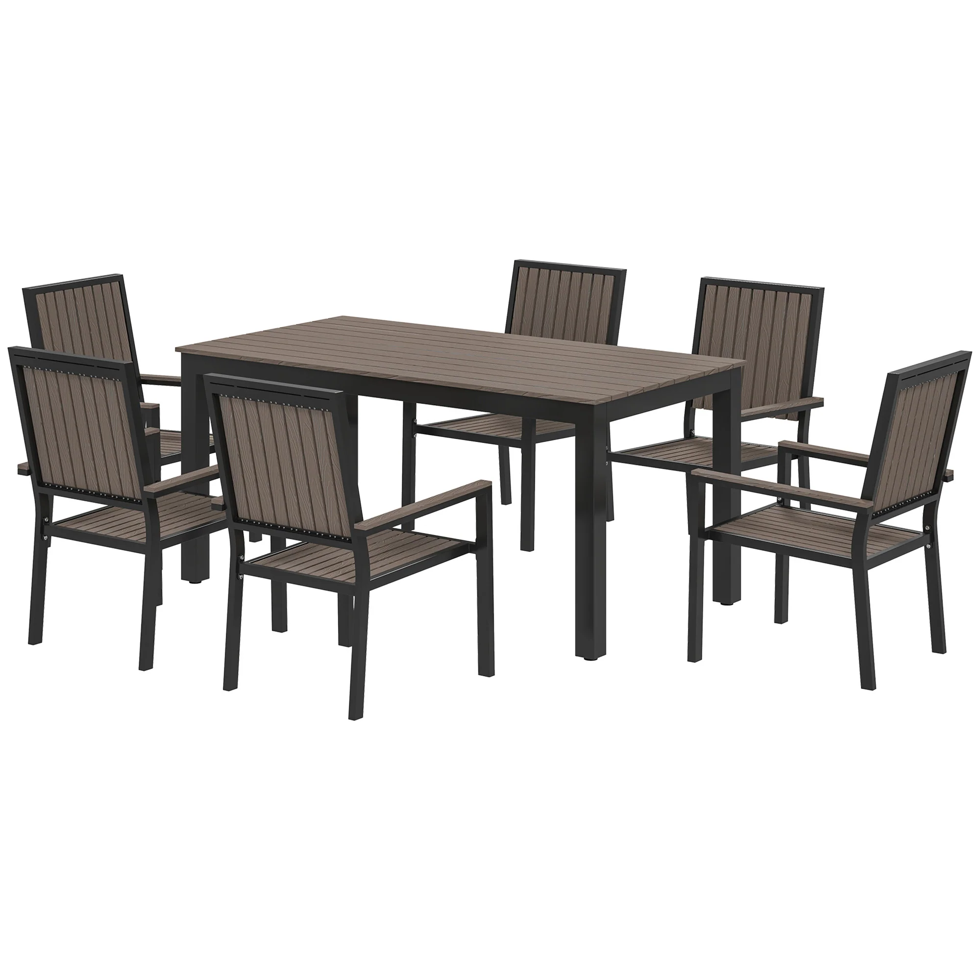6 Seater Garden Dining Set with Stackable Chairs, Aluminium Frame, Rectangular Plastic Top, Garden Furniture Set, Outdoor Dining Table and Chairs for Patio, Balcony, Poolside, Brown - Image 2