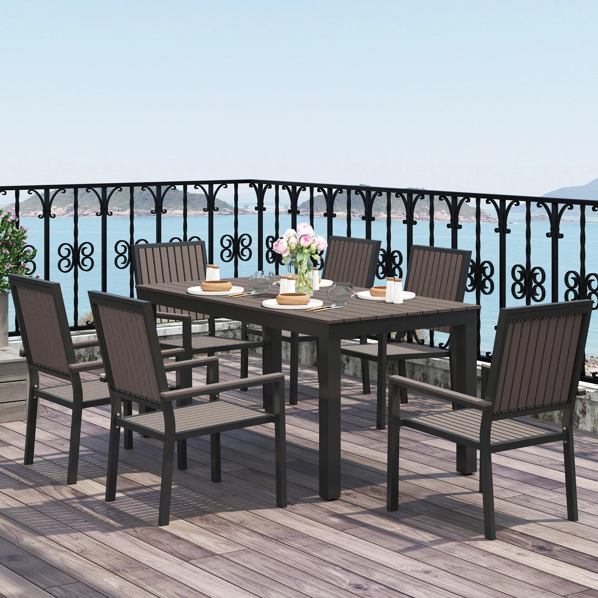 6 Seater Garden Dining Set with Stackable Chairs, Aluminium Frame, Rectangular Plastic Top, Garden Furniture Set, Outdoor Dining Table and Chairs for Patio, Balcony, Poolside, Brown - Image 3