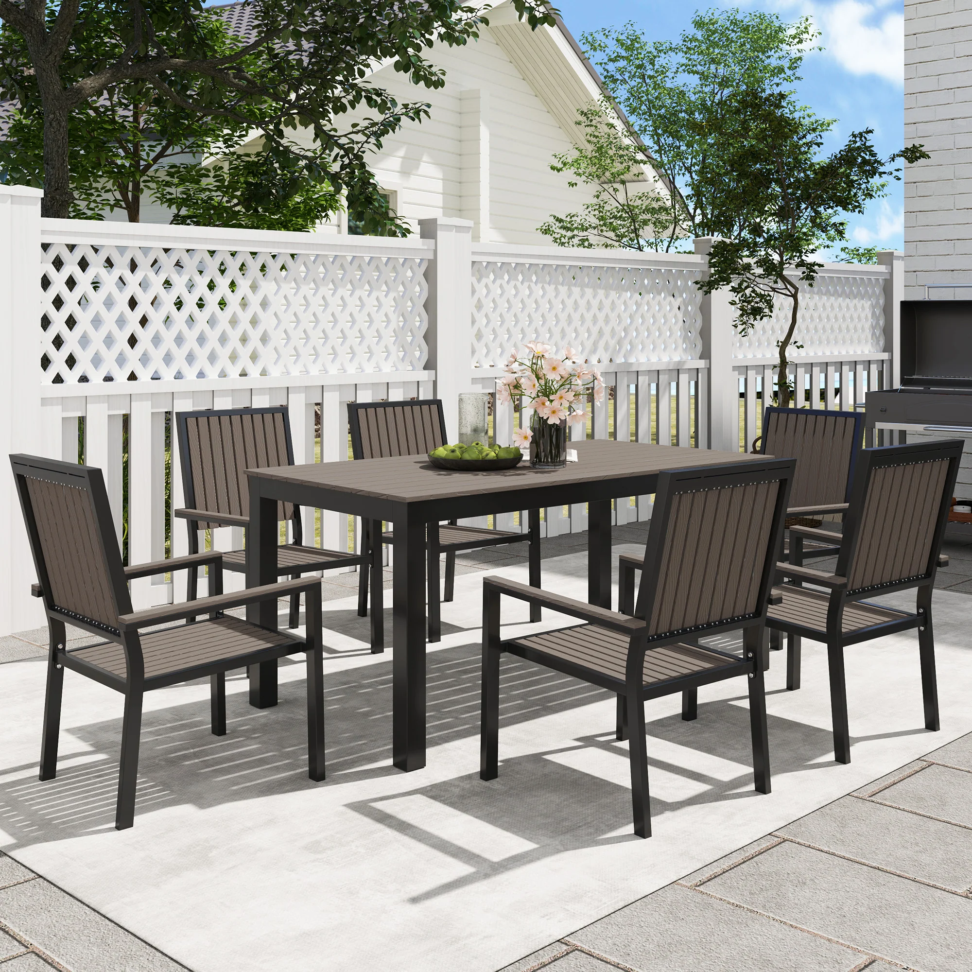 6 Seater Garden Dining Set with Stackable Chairs, Aluminium Frame, Rectangular Plastic Top, Garden Furniture Set, Outdoor Dining Table and Chairs for Patio, Balcony, Poolside, Brown - Image 4