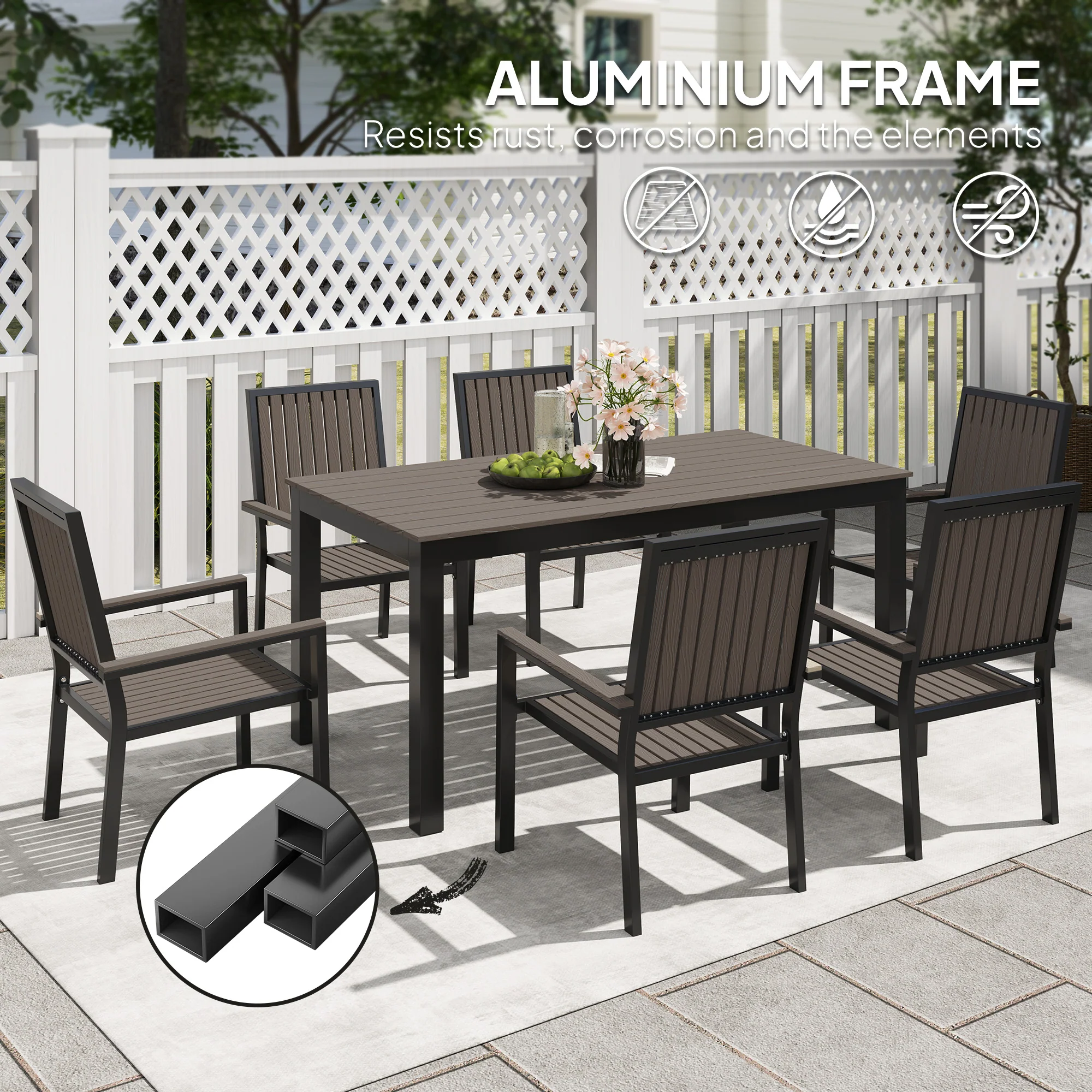 6 Seater Garden Dining Set with Stackable Chairs, Aluminium Frame, Rectangular Plastic Top, Garden Furniture Set, Outdoor Dining Table and Chairs for Patio, Balcony, Poolside, Brown - Image 6
