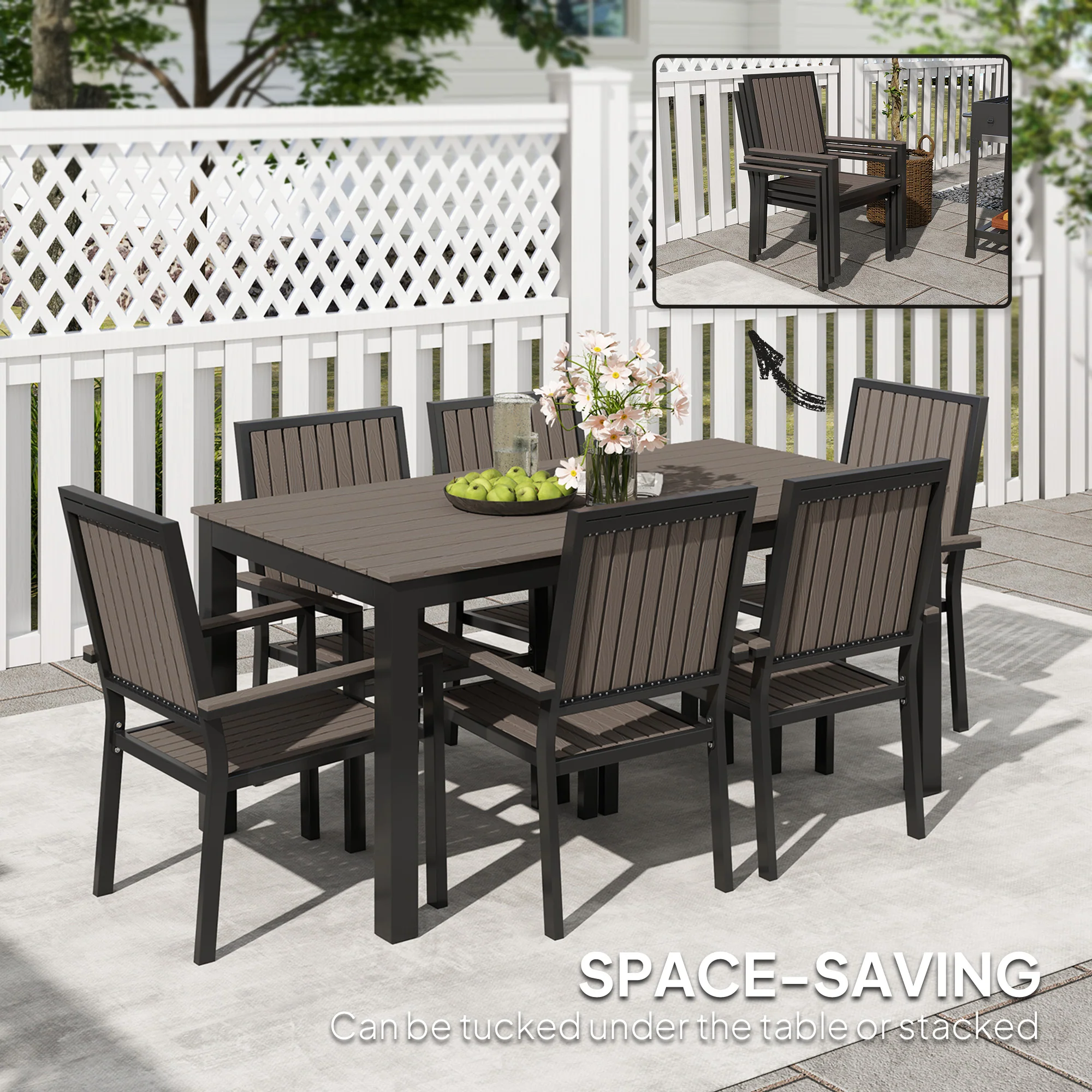 6 Seater Garden Dining Set with Stackable Chairs, Aluminium Frame, Rectangular Plastic Top, Garden Furniture Set, Outdoor Dining Table and Chairs for Patio, Balcony, Poolside, Brown - Image 7