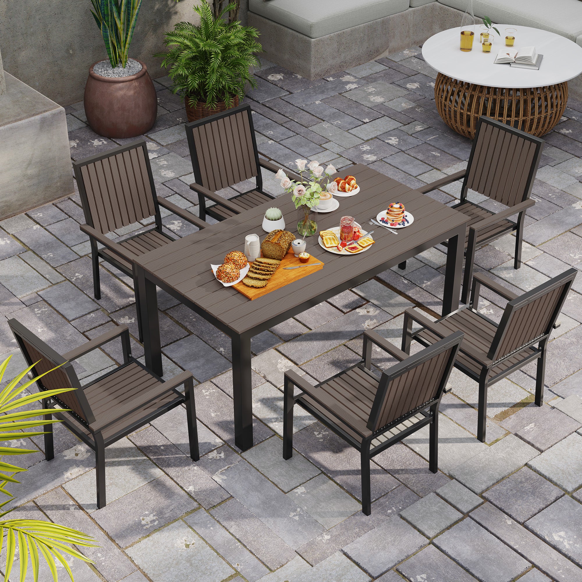 6 Seater Garden Dining Set with Stackable Chairs, Aluminium Frame, Rectangular Plastic Top, Garden Furniture Set, Outdoor Dining Table and Chairs for Patio, Balcony, Poolside, Brown - Image 9