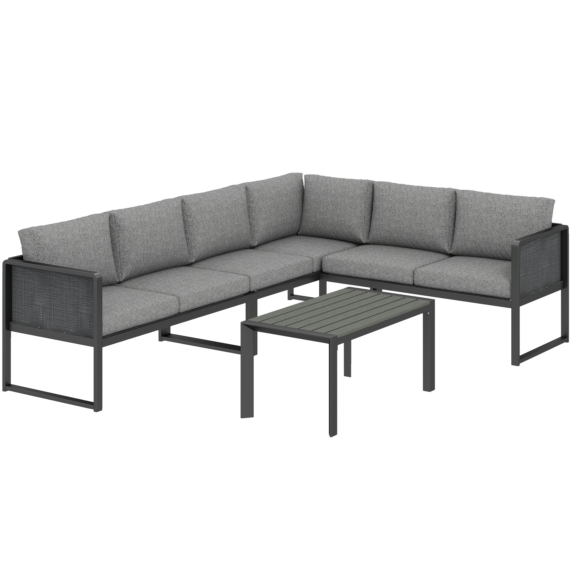 6 Seater Metal Garden Corner Sofa Set with Faux Wood Table, Dark Grey - Image 12
