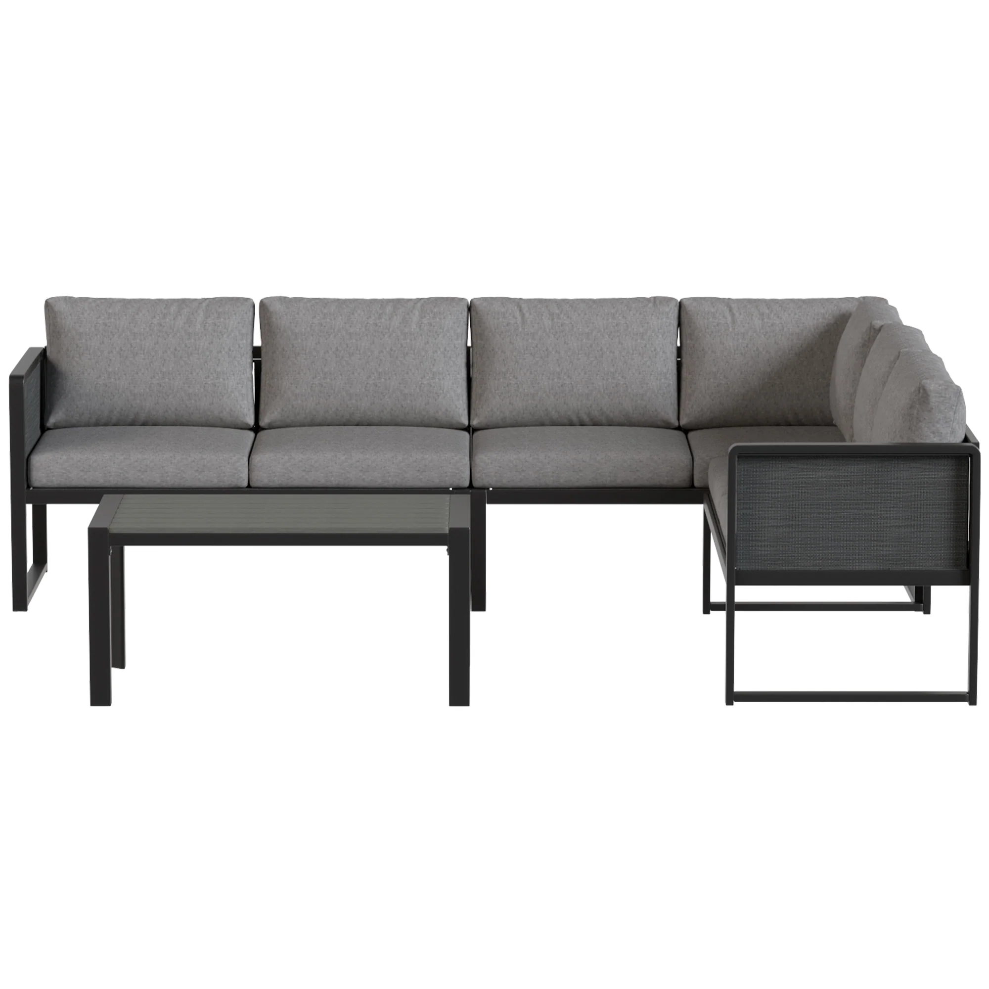 6 Seater Metal Garden Corner Sofa Set with Faux Wood Table, Dark Grey - Image 2