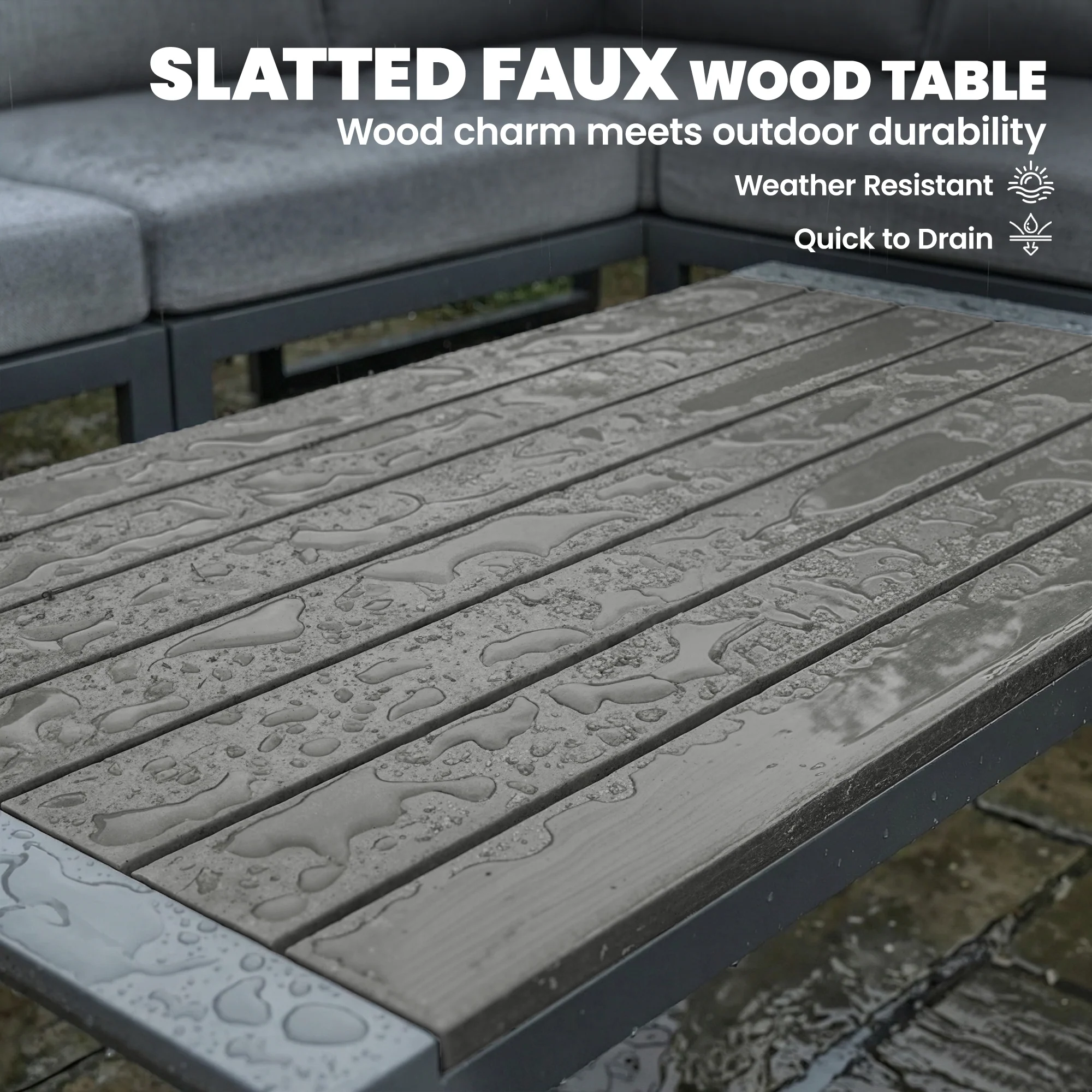 6 Seater Metal Garden Corner Sofa Set with Faux Wood Table, Dark Grey - Image 9