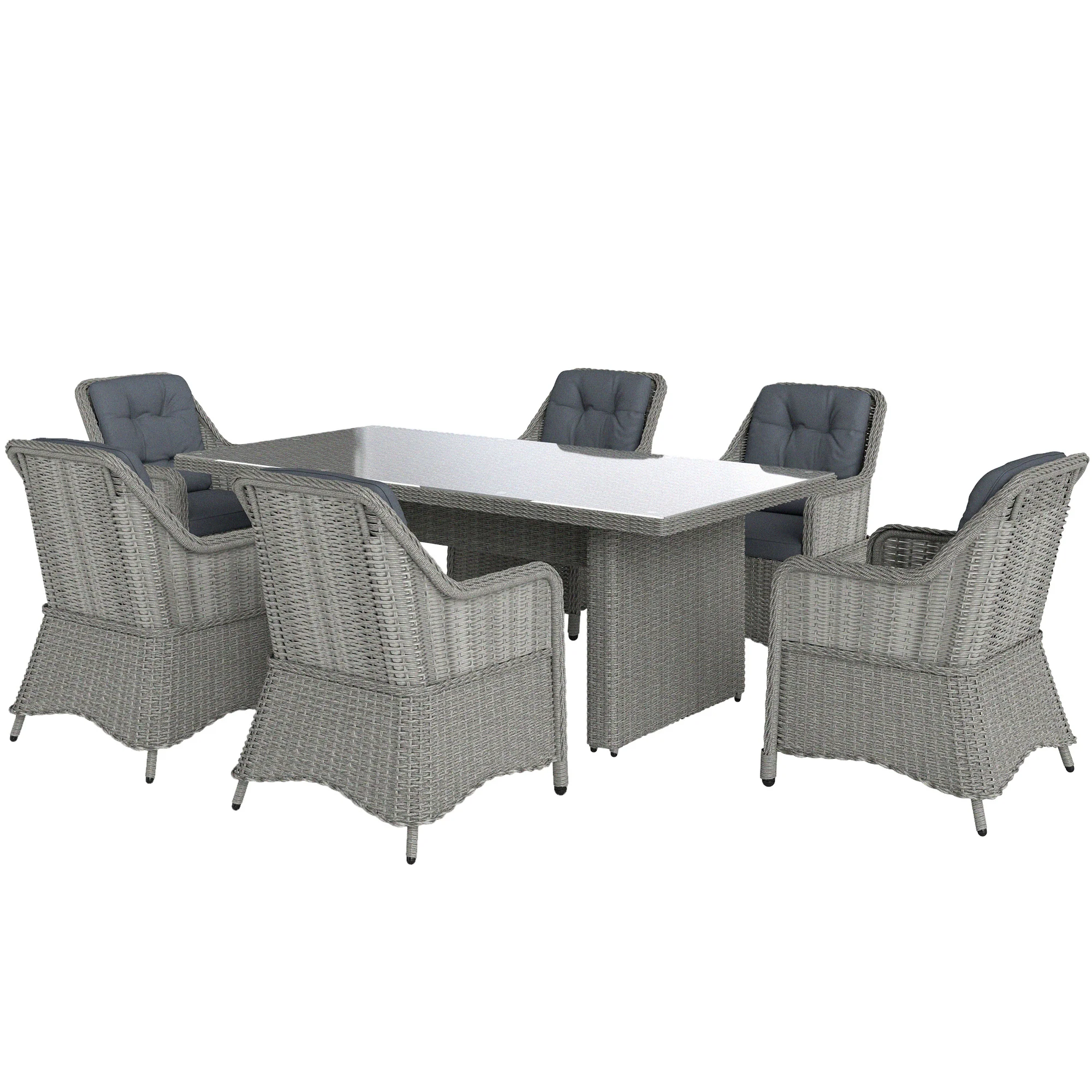 6 Seater Rattan Dining Set with Seat and Back Cushions, Armchairs & Aluminium Table, Grey - Image 2