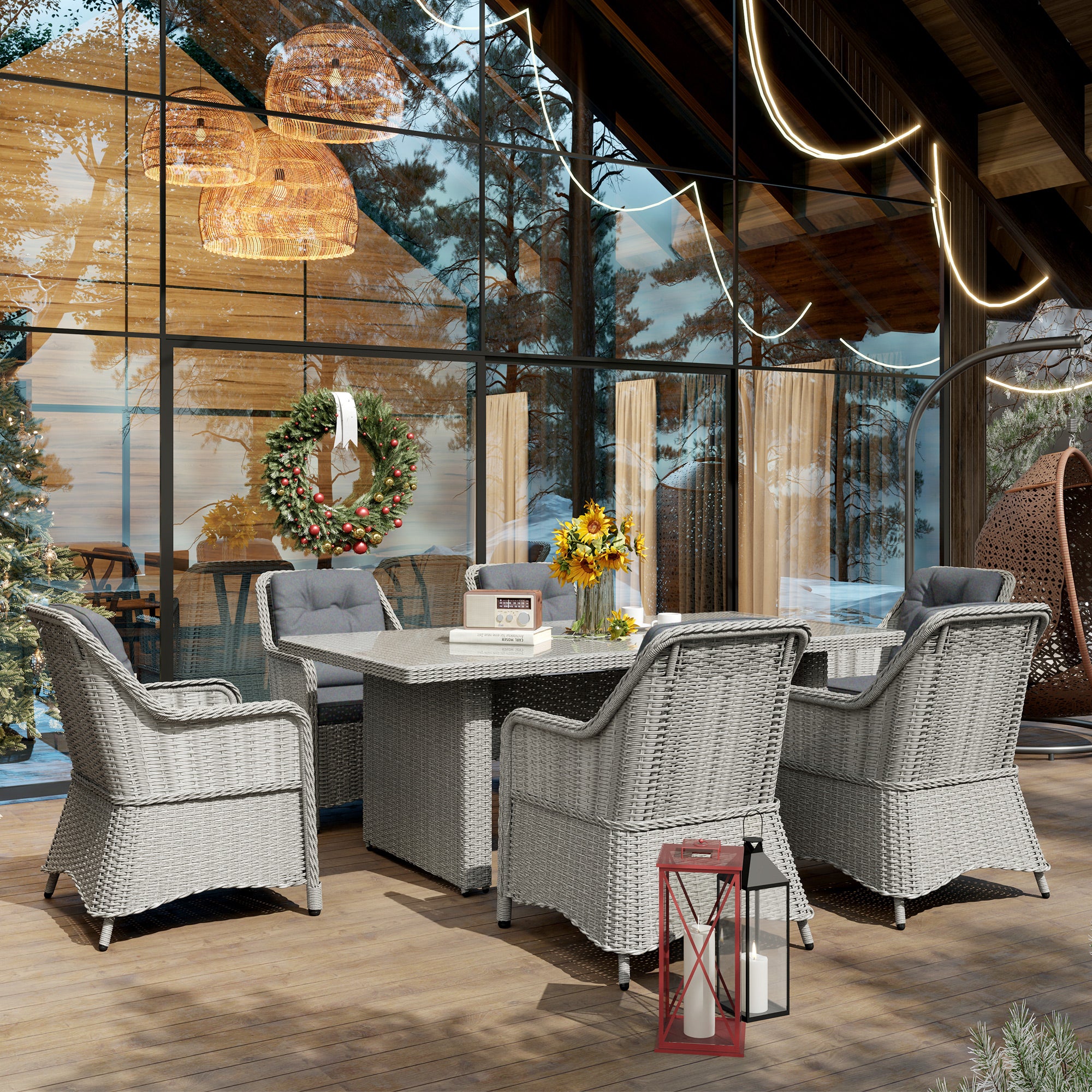 6 Seater Rattan Dining Set with Seat and Back Cushions, Armchairs & Aluminium Table, Grey - Image 3