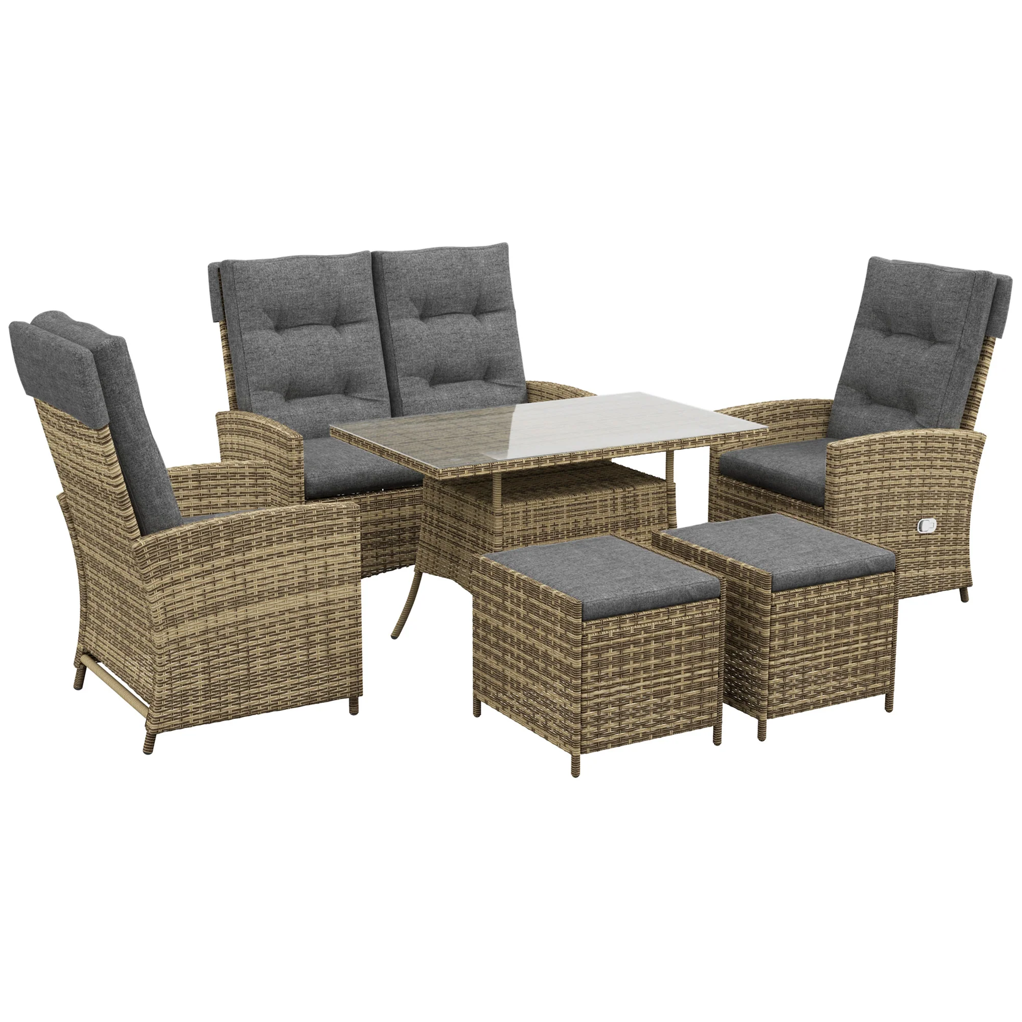 6 Seater Rattan Dining Set with Reclining Chairs, Loveseat, Stools & Glass Top Table, Mixed Grey