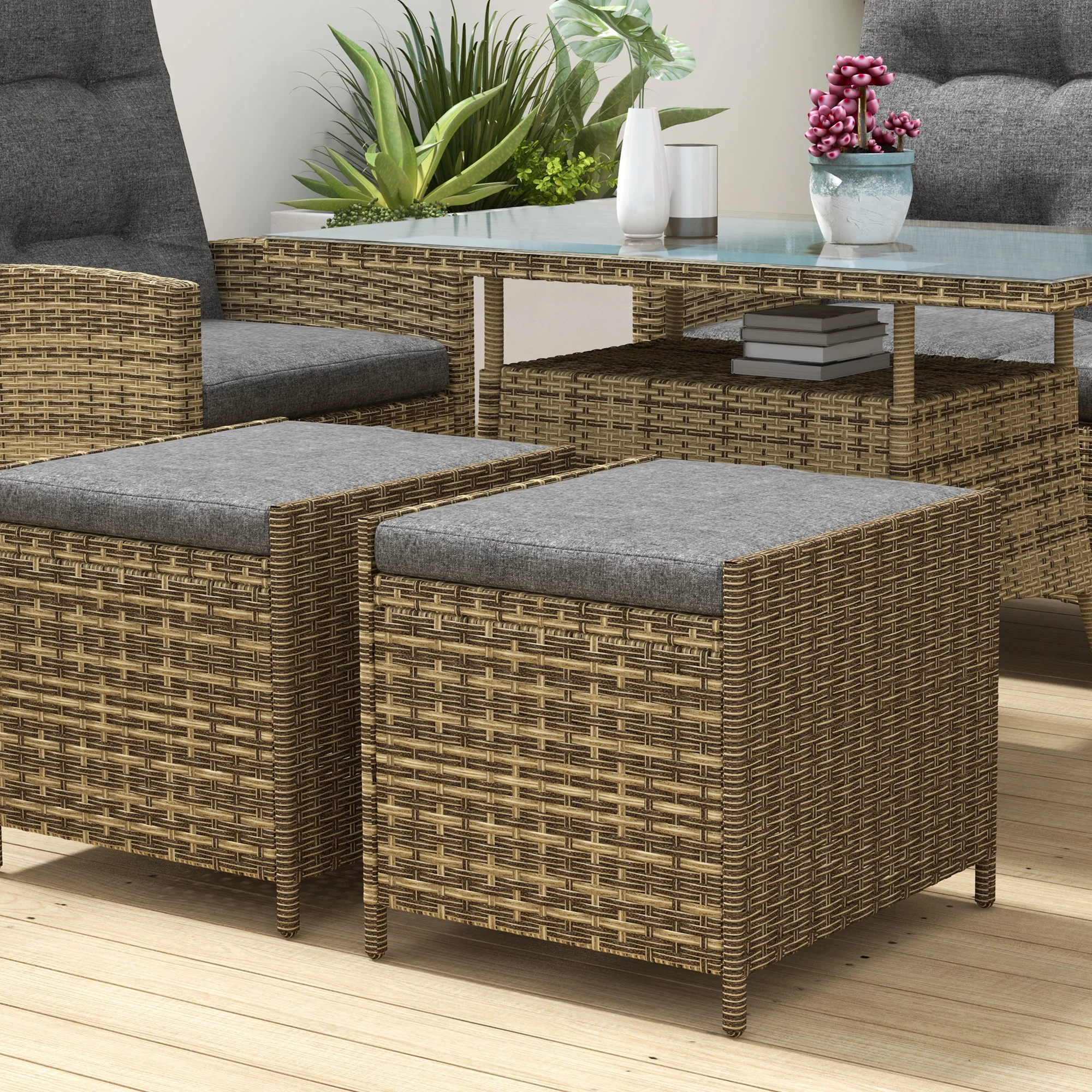 6 Seater Rattan Dining Set with Reclining Chairs, Loveseat, Stools & Glass Top Table, Mixed Grey - Image 10