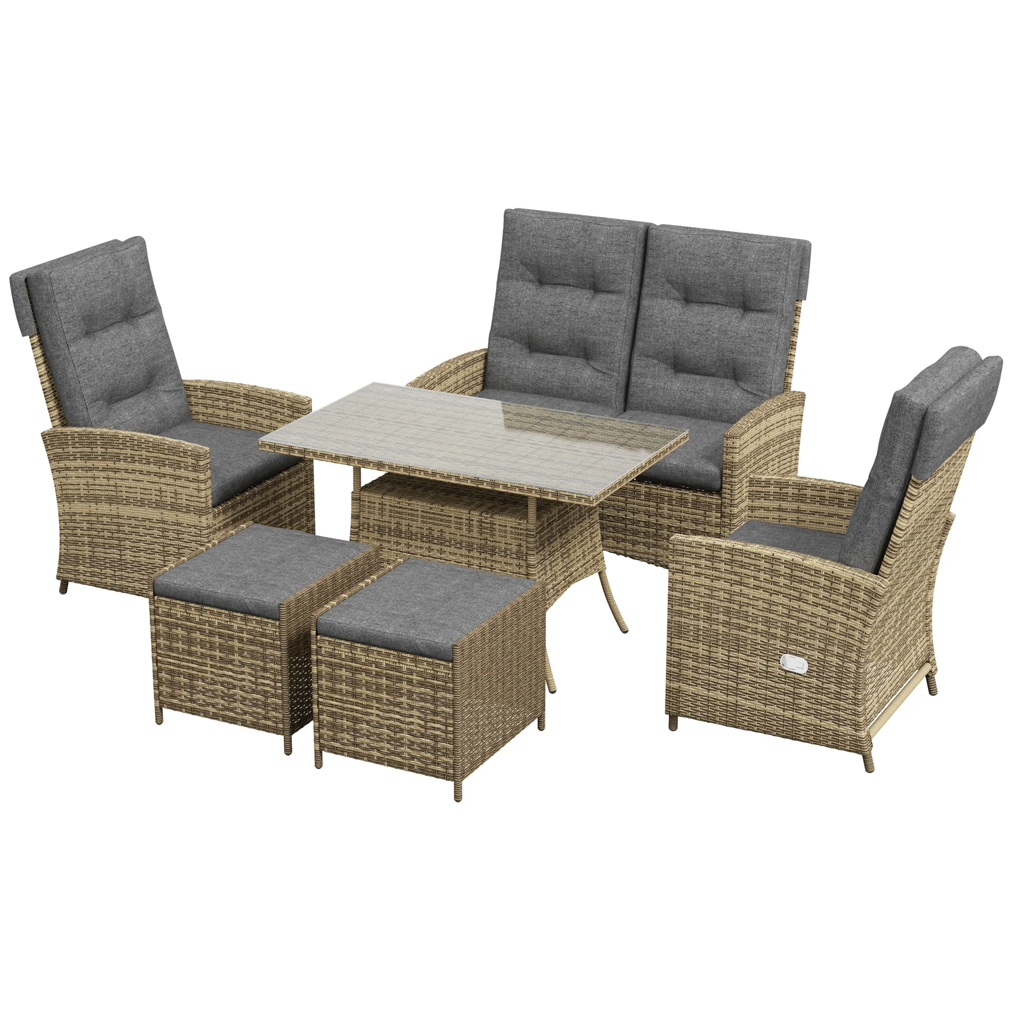 6 Seater Rattan Dining Set with Reclining Chairs, Loveseat, Stools & Glass Top Table, Mixed Grey - Image 2