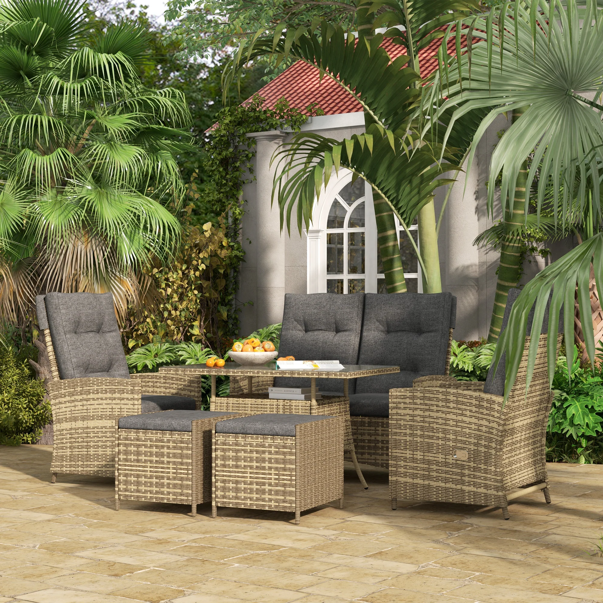 6 Seater Rattan Dining Set with Reclining Chairs, Loveseat, Stools & Glass Top Table, Mixed Grey - Image 3