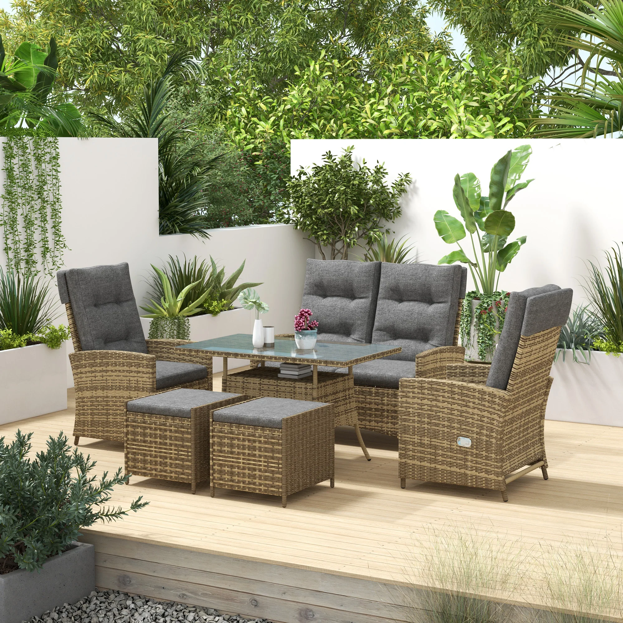6 Seater Rattan Dining Set with Reclining Chairs, Loveseat, Stools & Glass Top Table, Mixed Grey - Image 4
