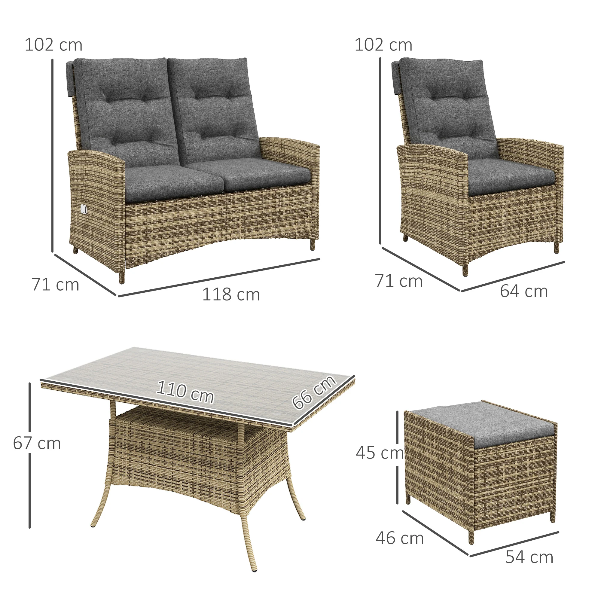 6 Seater Rattan Dining Set with Reclining Chairs, Loveseat, Stools & Glass Top Table, Mixed Grey - Image 5