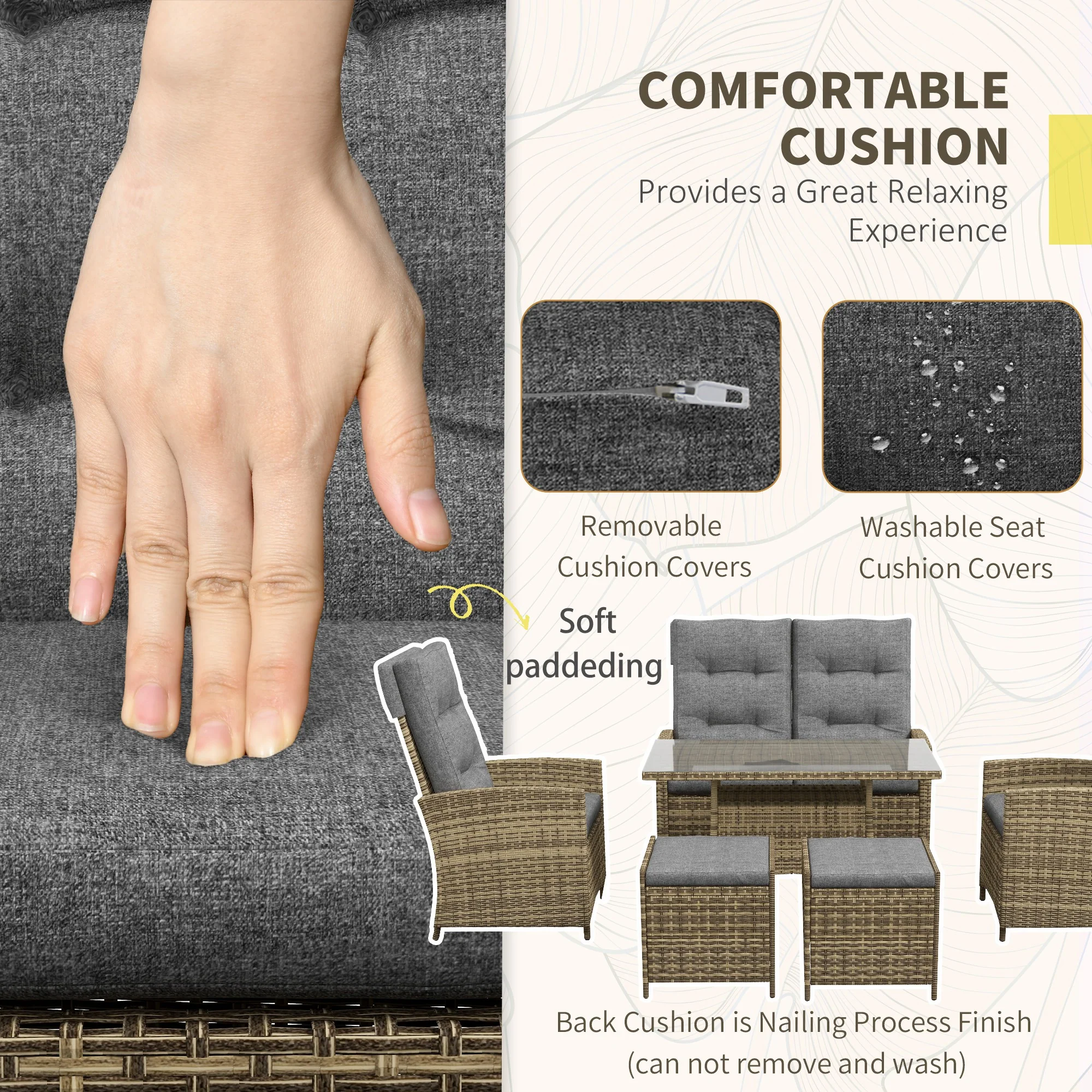 6 Seater Rattan Dining Set with Reclining Chairs, Loveseat, Stools & Glass Top Table, Mixed Grey - Image 7