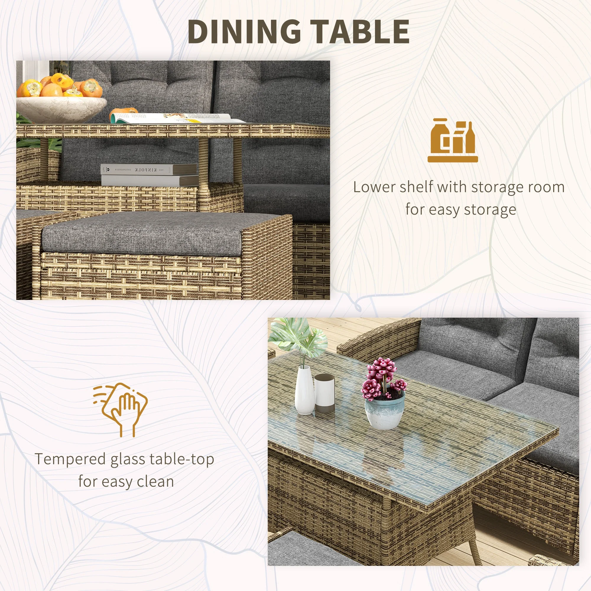 6 Seater Rattan Dining Set with Reclining Chairs, Loveseat, Stools & Glass Top Table, Mixed Grey - Image 8